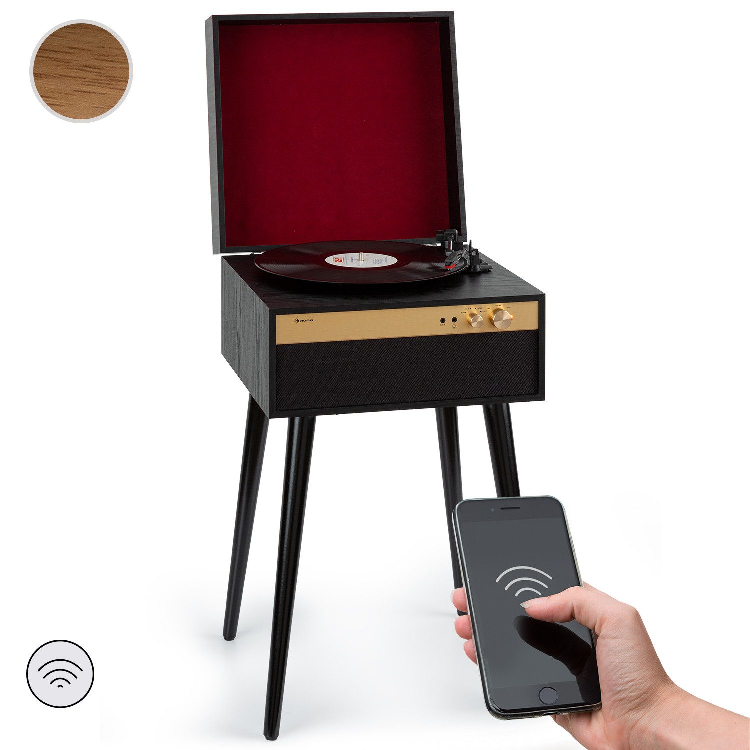 Auna Berklee TT Case Plattenspieler (Riemenantrieb, Bluetooth, Bluetooth lautsprecher Kopfhöreranschluss AUX IN Schwarz)