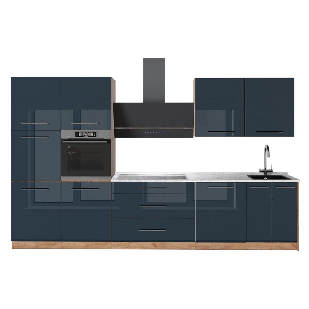 Vicco Küchenzeile Fame-Line, Dunkelblau Hochglanz/Goldkraft Eiche, 340 cm, AP Marmor