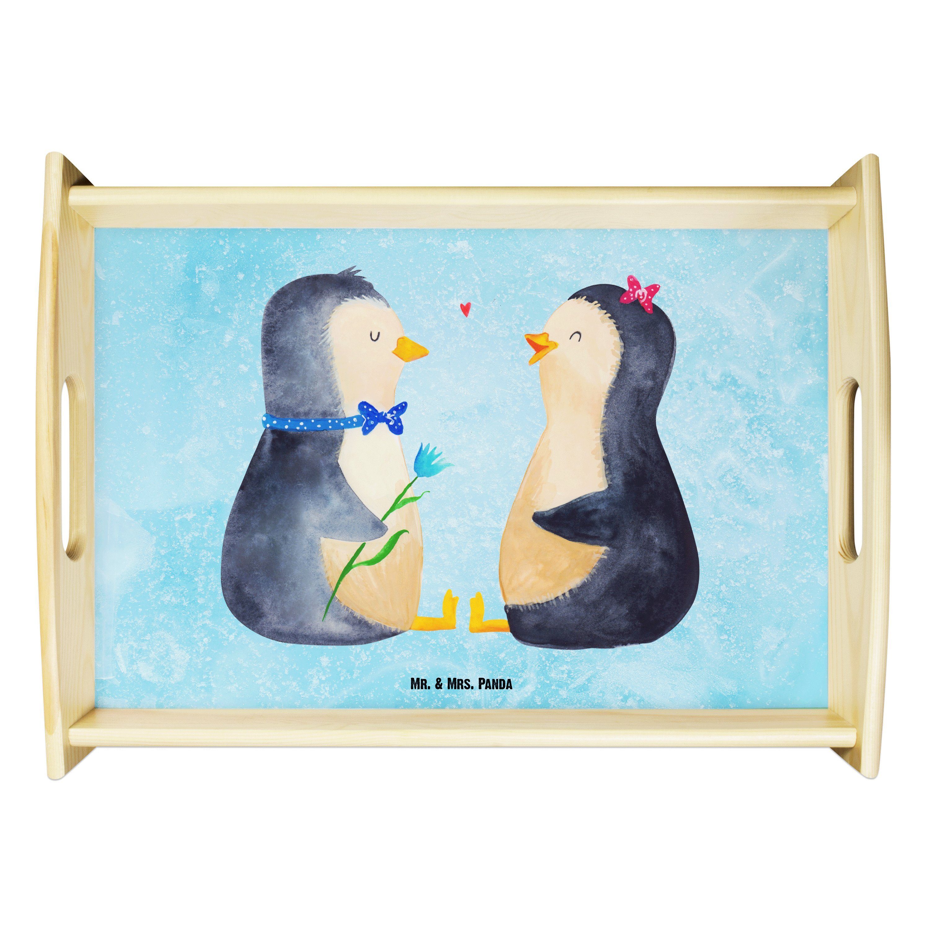 Mr. Geschenk, Pärchen Traumpaar, Mrs. - lasiert, Tablett - verlieb, (1-tlg) Panda Eisblau große & Pinguin Liebe, Echtholz