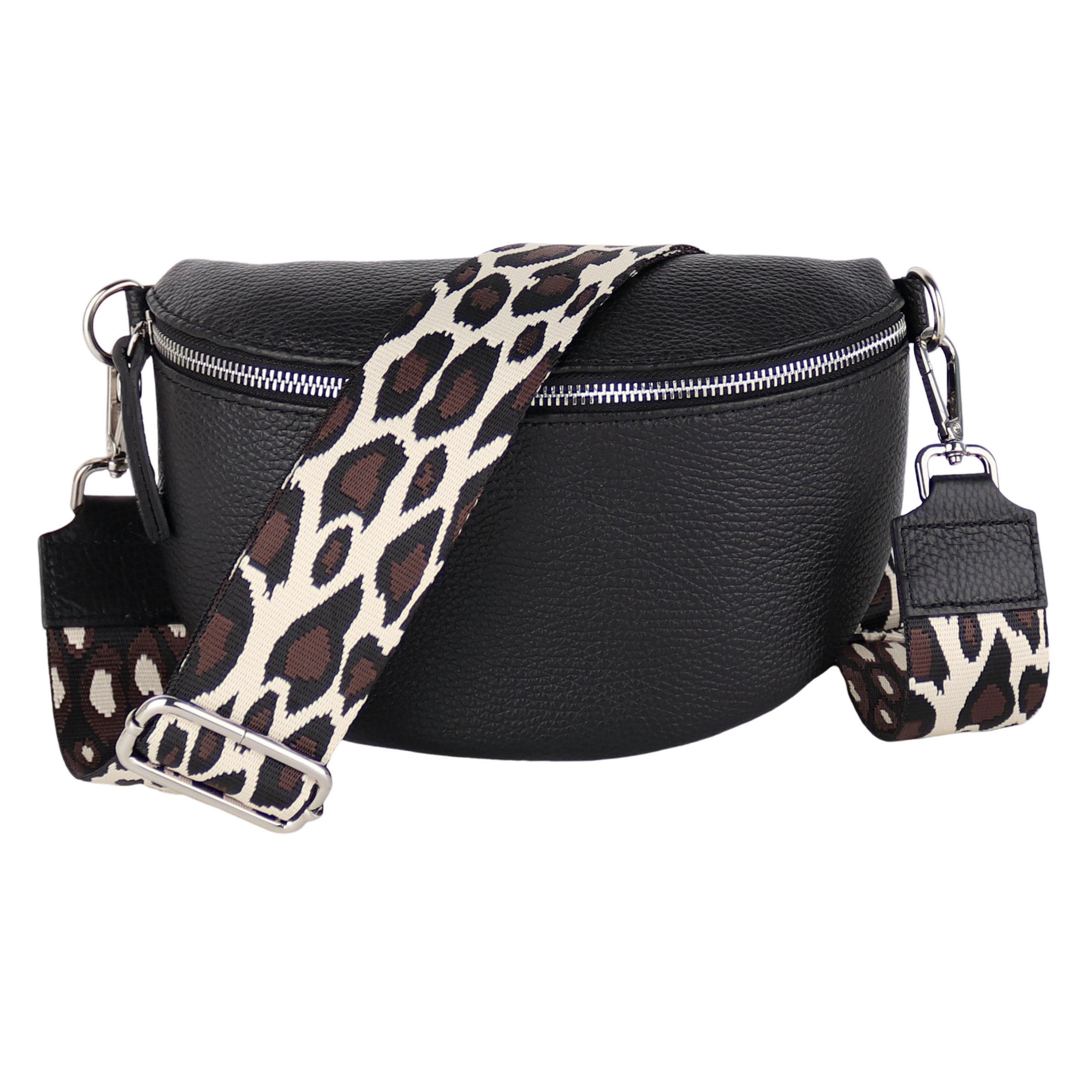 MIRROSI Bauchtasche Damen, Echtleder, Leder, Made in Italy, Umhängetasche, Brusttasche, (Schultertasche für jeden Anlass (1 Tasche & 2 Gurte), 3 Größen auswählbar), Crossbody Bag, Schwarz, gemusterten& verstellbaren Schulterriemen
