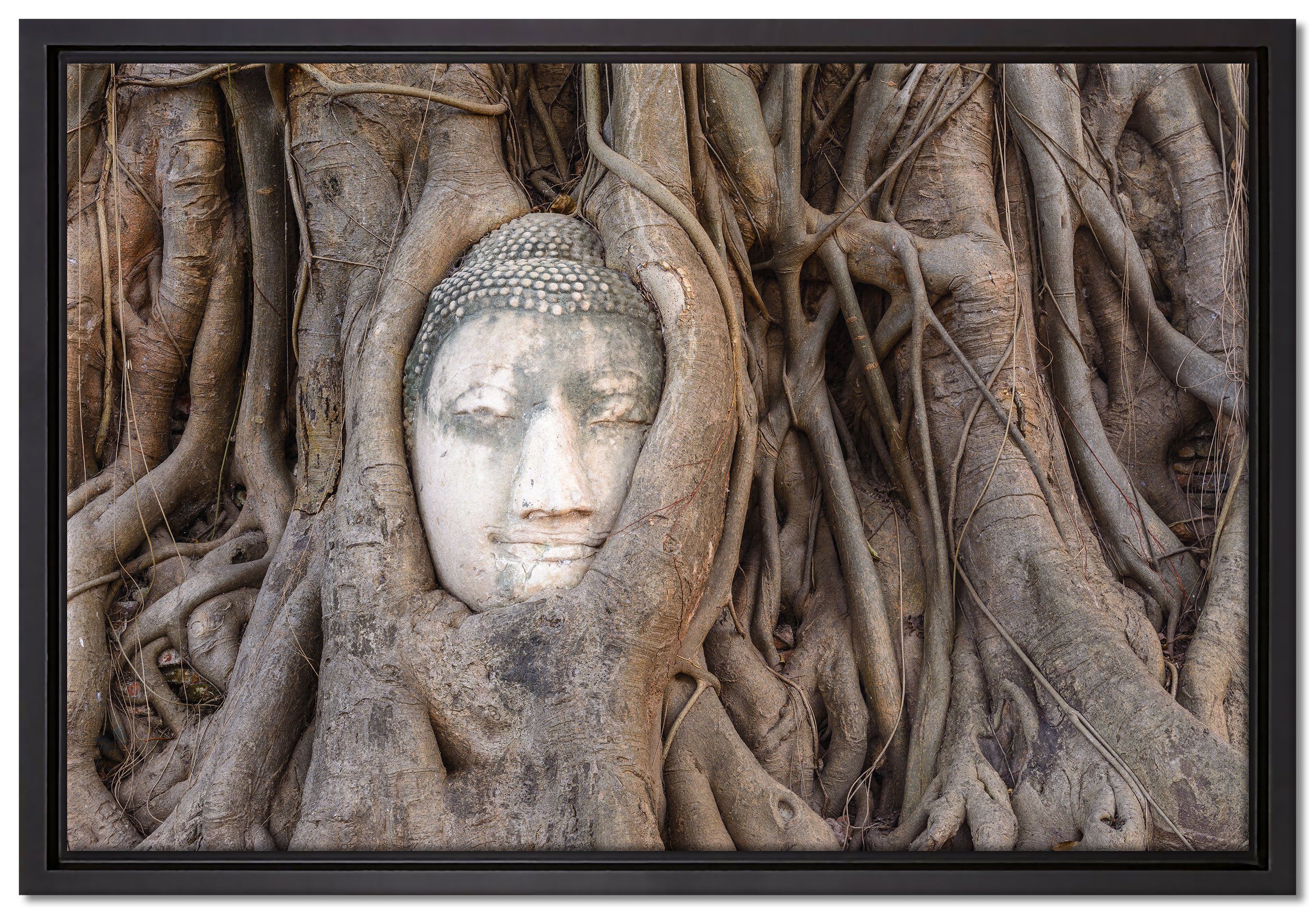 Pixxprint Leinwandbild Buddha Kopf im Baum, Wanddekoration (1 St), Leinwandbild fertig bespannt, in einem Schattenfugen-Bilderrahmen gefasst, inkl. Zackenaufhänger