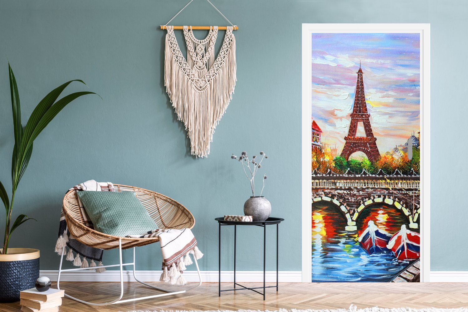 - bedruckt, - - Wasser, Paris Gemälde cm (1 für Eiffelturm 75x205 Fototapete St), - MuchoWow Türtapete Tür, Öl Matt, Türaufkleber,