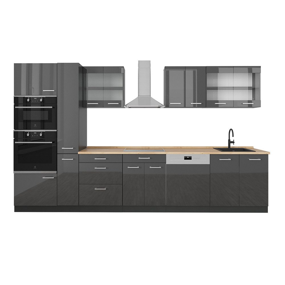 Vicco Küchenzeile R-Line, Anthrazit Hochglanz/Anthrazit, 350 cm ohne Arbeitsplatte