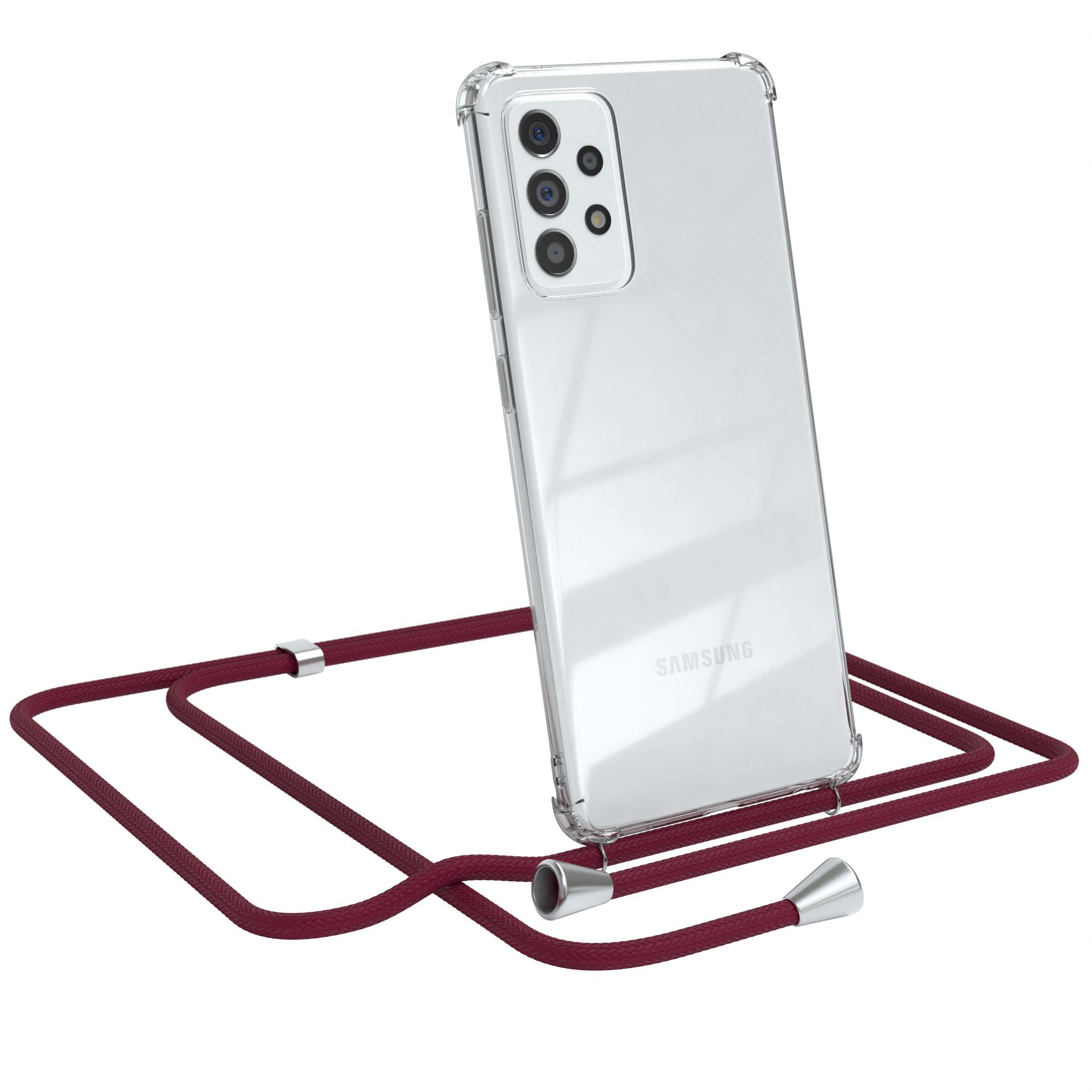 EAZY CASE Handykette Hülle mit Kette für Samsung Galaxy A72 / A72 5G 6,7 Zoll, Silikonhülle durchsichtig mit Umhängeband Handytasche Bordeaux Rot