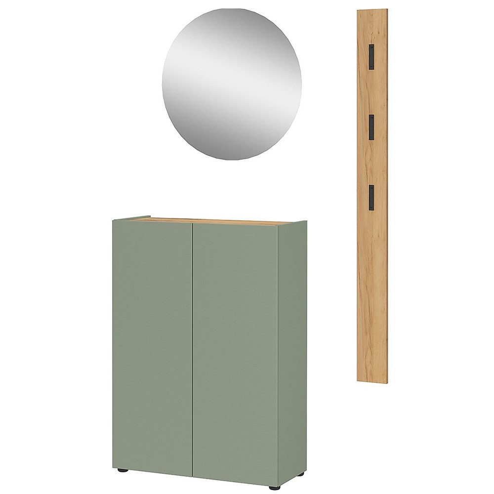 Lomadox Garderoben-Set ABURI-01, (Spar-Set, 3-St., Schuhschrank Spiegel Paneel), in grün mit Eiche, griffloses Design, modern, schmaler Flur