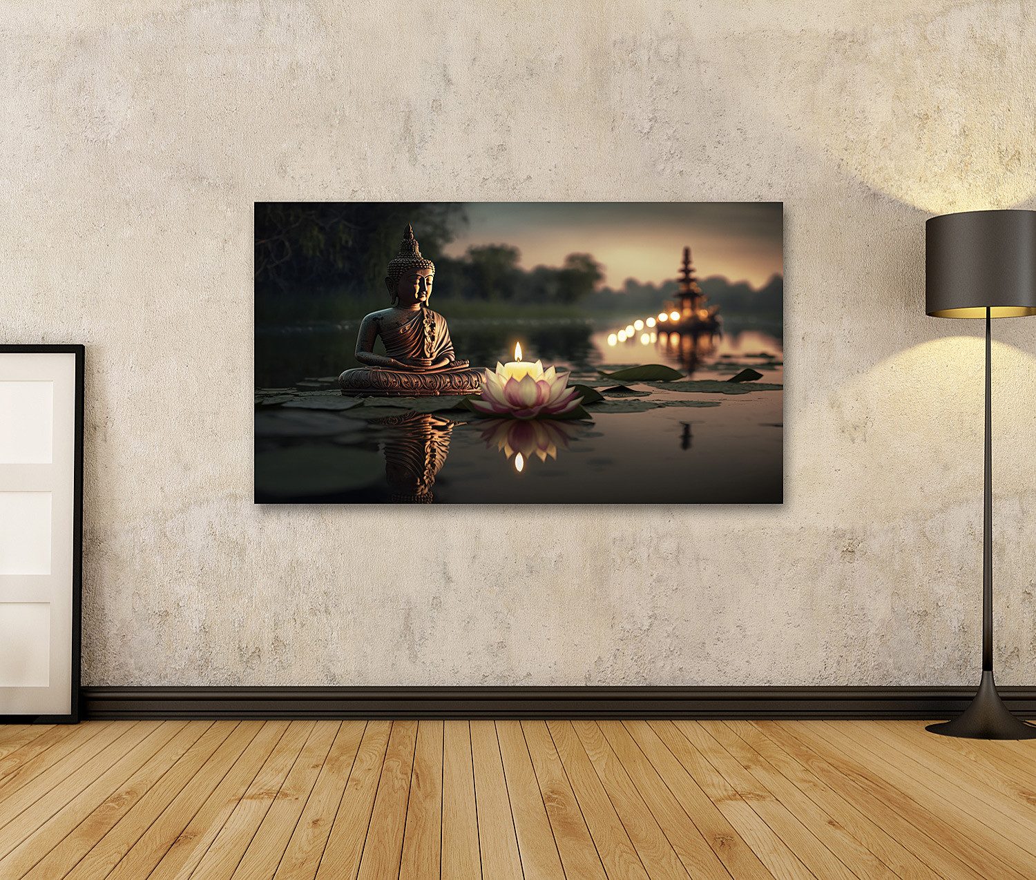 islandburner Leinwandbild Buddha Meditation mit Kerzen und Lotusblume im Wasser Wandbild – Bild 2 von 5