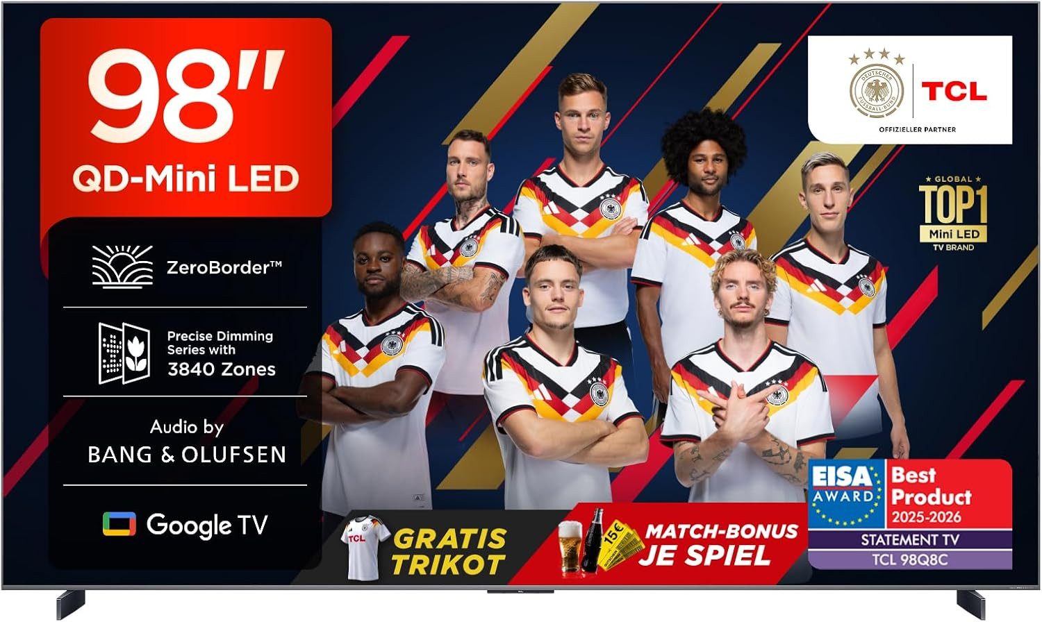 TCL 98Q8CX7 Mini-LED-Fernseher (248 cm/98 Zoll, 4K Ultra HD, Smart-TV, Google TV, Audio von Bang & Olufsen, Smart TV, Apple TV, 144Hz, 4K, Dolby Vision)