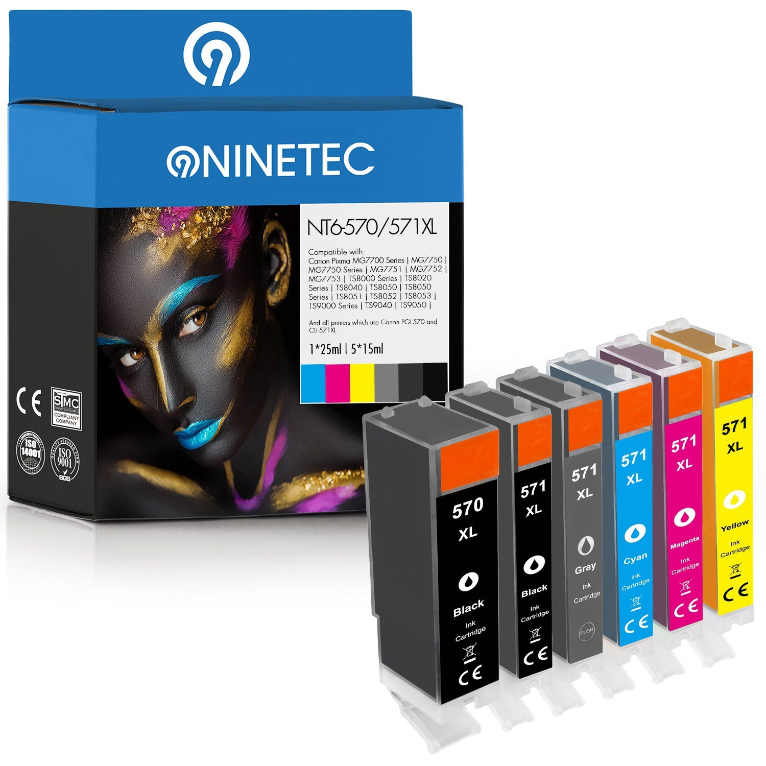 NINETEC 6er Set ersetzt Canon PGI-570 PGI570 CLI-571 CLI571 Tintenpatrone