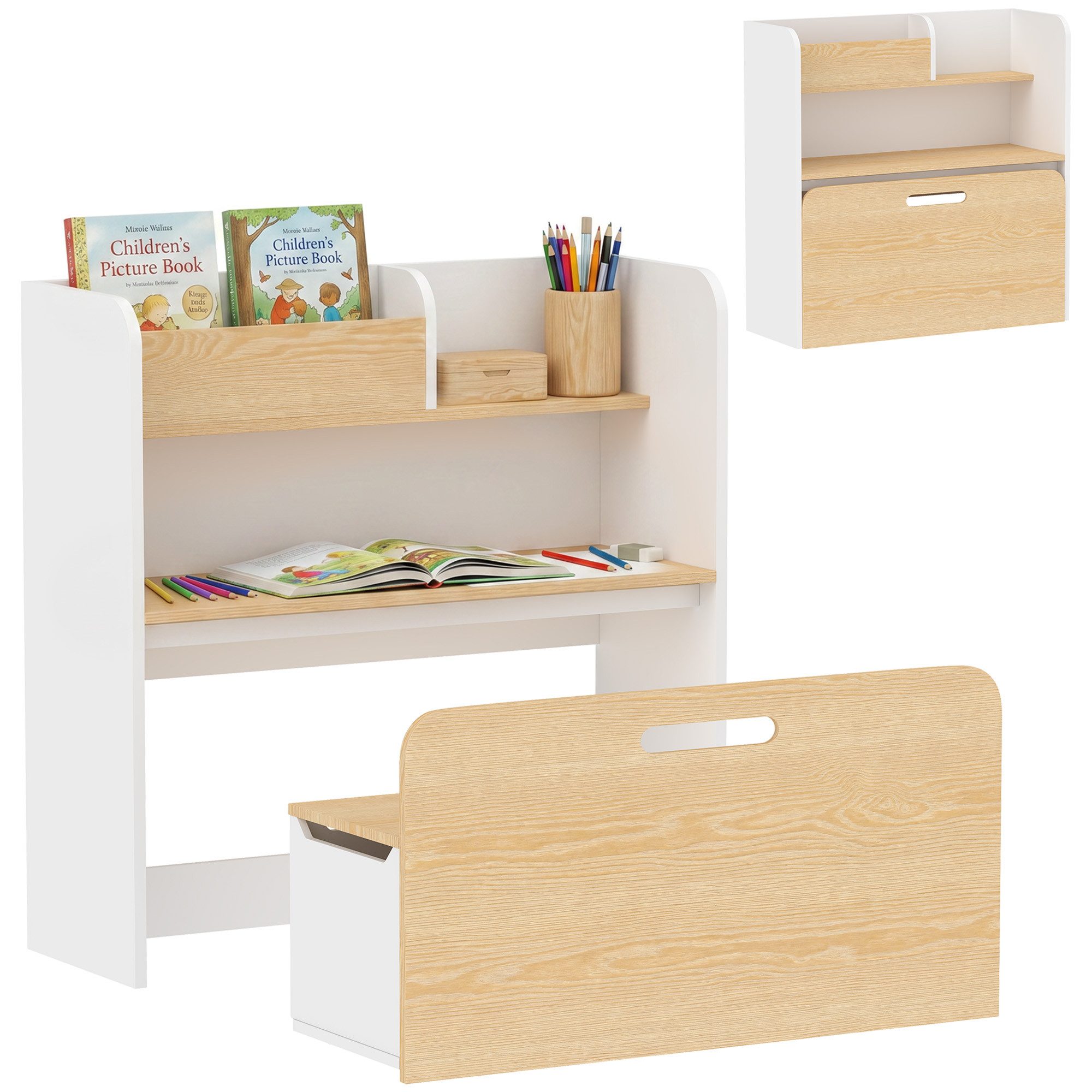 AIYAPLAY Kindersitzgruppe Kindertisch mit Sitzbank 5-in-1 mit Bücherregal rollbar Truhebank, (Kinder Tisch Stuhl Set, 2-tlg., Kindermöbel), für Kinderzimmer, für 3-8 Weiß