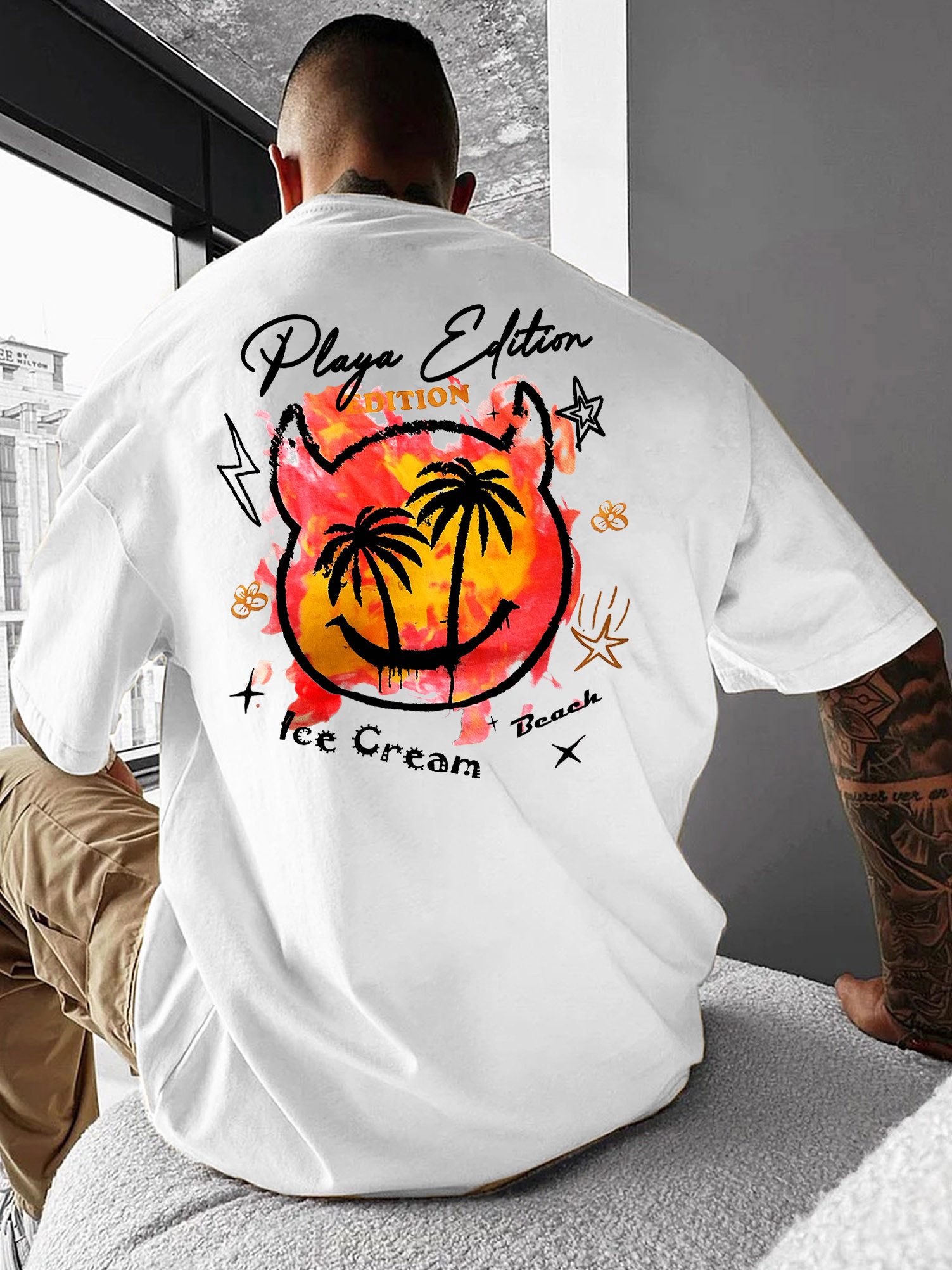 RMK T-Shirt Herren Shirt Top Rundhals mit Strand Smily Palmen Print aus 100% Baumwolle