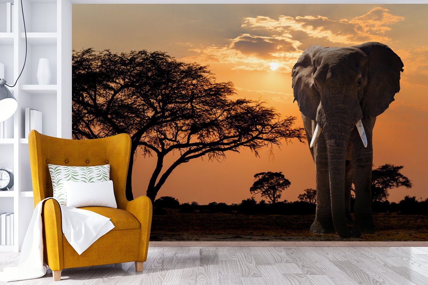 Kinderzimmer, - Afrika, Elefant Wallpaper Matt, für St), MuchoWow Baum Fototapete Schlafzimmer, Wohnzimmer, Tapete Vinyl bedruckt, (6 -