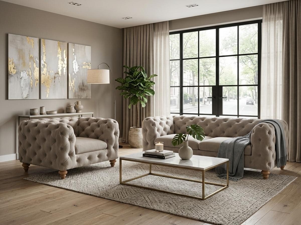 JVmoebel Chesterfield-Sofa Beiges Chesterfield Wohnzimmer-Set 2,5+1-Sitzer-Sofas, 2 Teile, Made in Europa