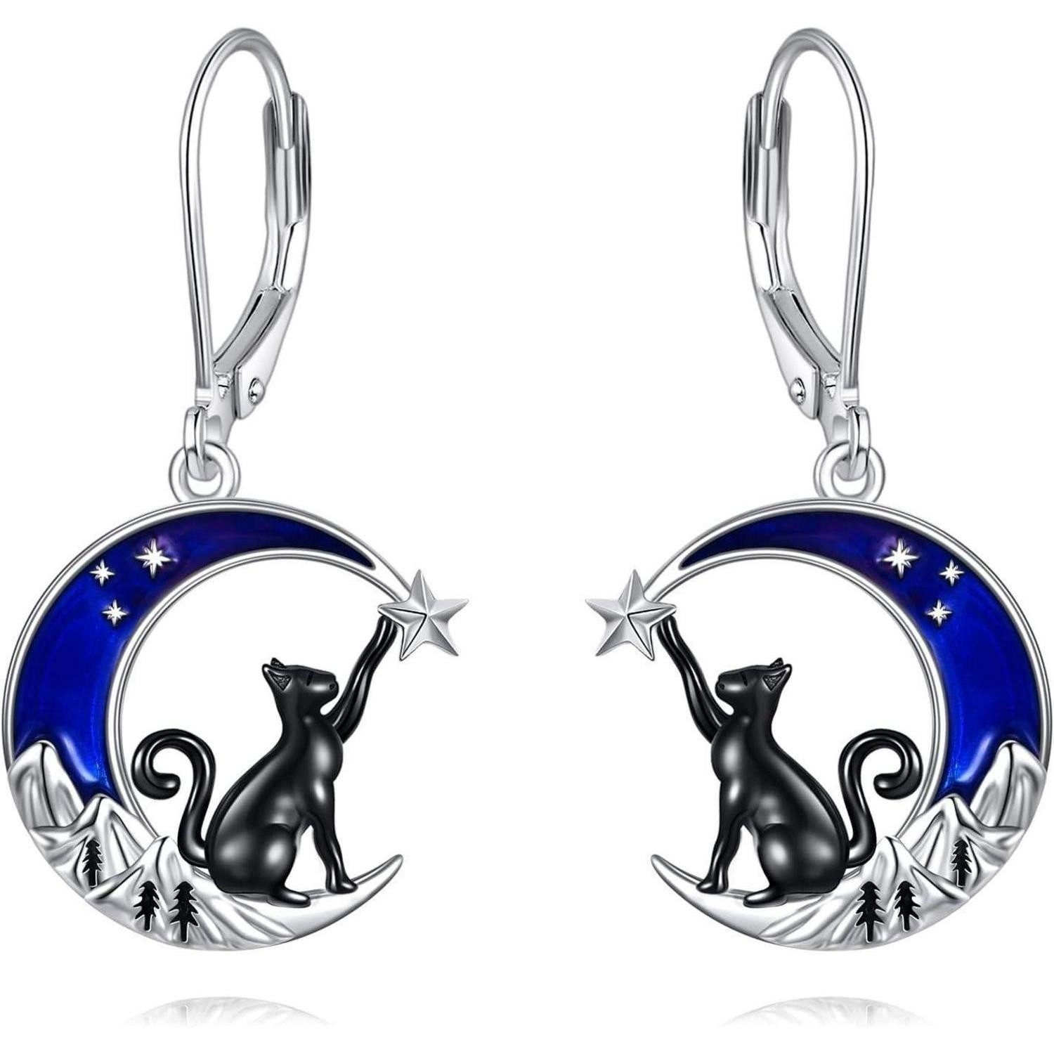 LuxusKollektion Paar Ohrhänger Ohrringe Keltisch Hängend Sterling Silber Damen Blau Mond und Katze