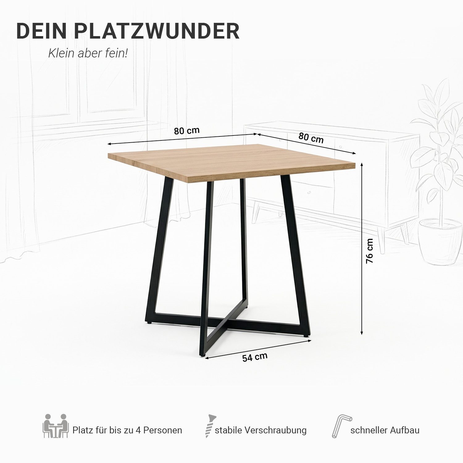Homestyle4u Esstisch 80x80 Esszimmertisch Holztisch Küchentisch Eiche Schwarz modern, Braun, Kufen, stabil, kompakt