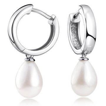 Materia Paar Creolen Damen Perlen / Perlenanhänger Weiß SO-431, 925 Sterling Silber, rhodiniert