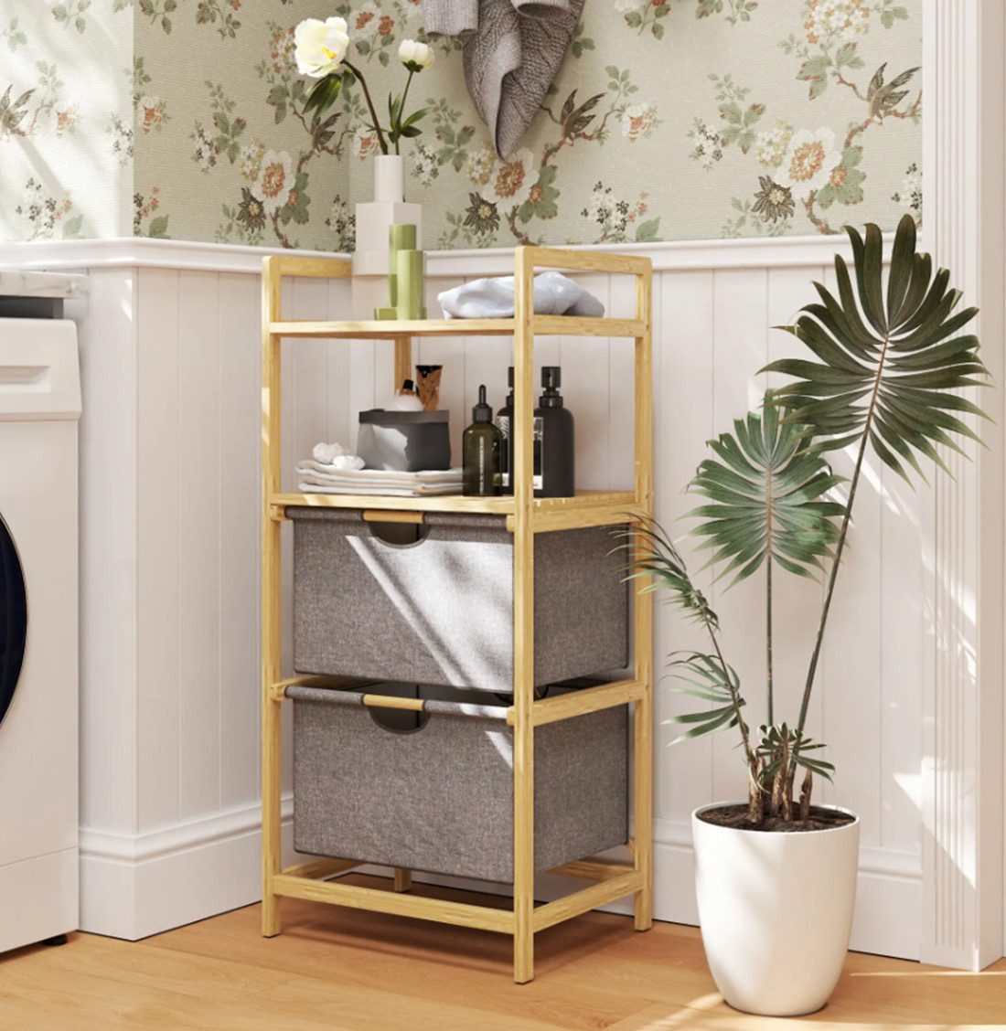 XDeer Badezimmeruhr Badezimmerregal,Wäscheregal, Badregal mit 2 (Wäschekörben aus Stoff, offene Ablagen, platzsparend)