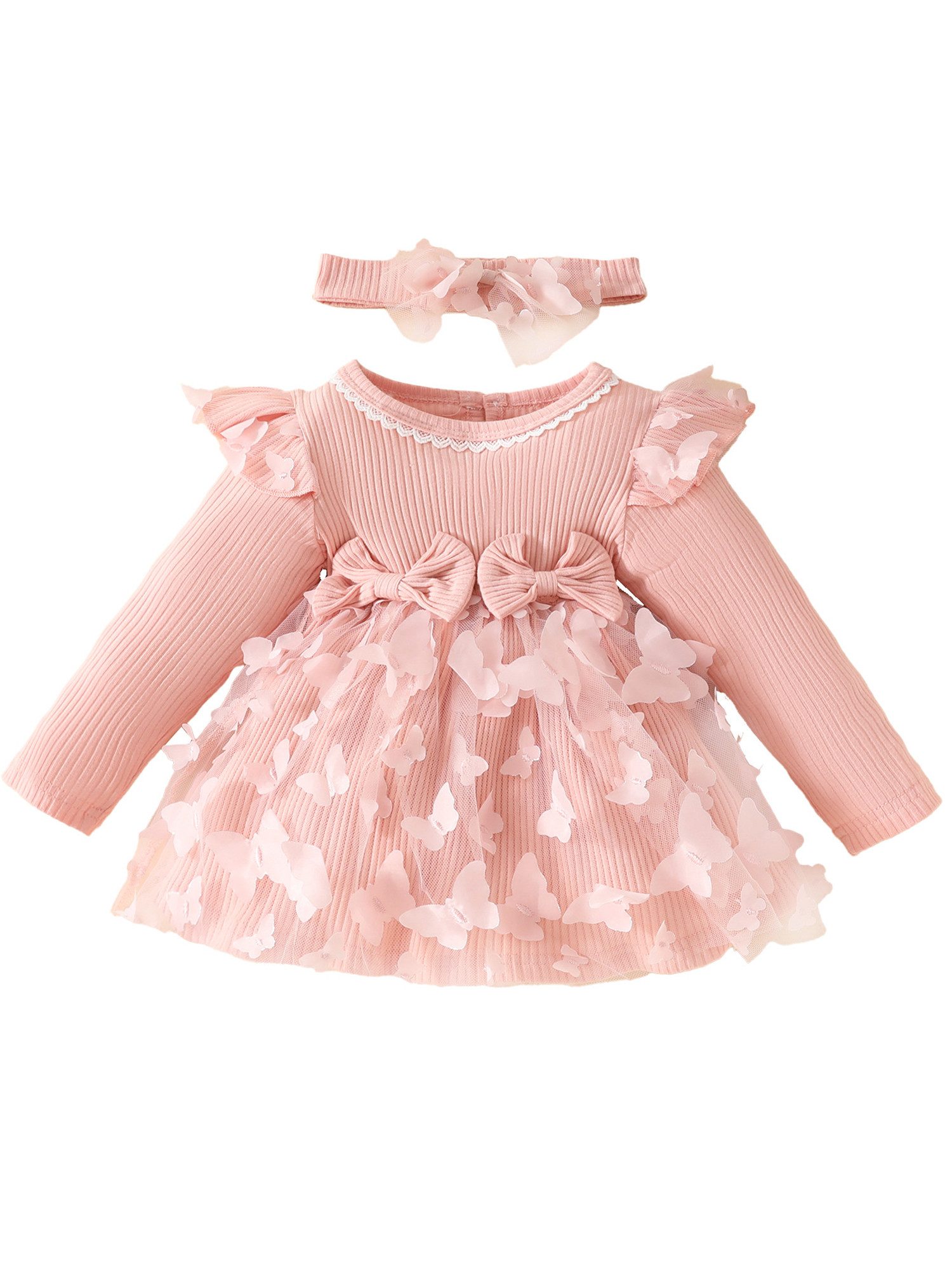 Lapastyle Partykleid Baby-Mädchen Langarm Netzkleid & Stirnband, Einfarbig A-Linien-Kleid (Set, 2-tlg) Partykleid aus Strick mit Schmetterlings-Patch, Baby Freizeit Outfits