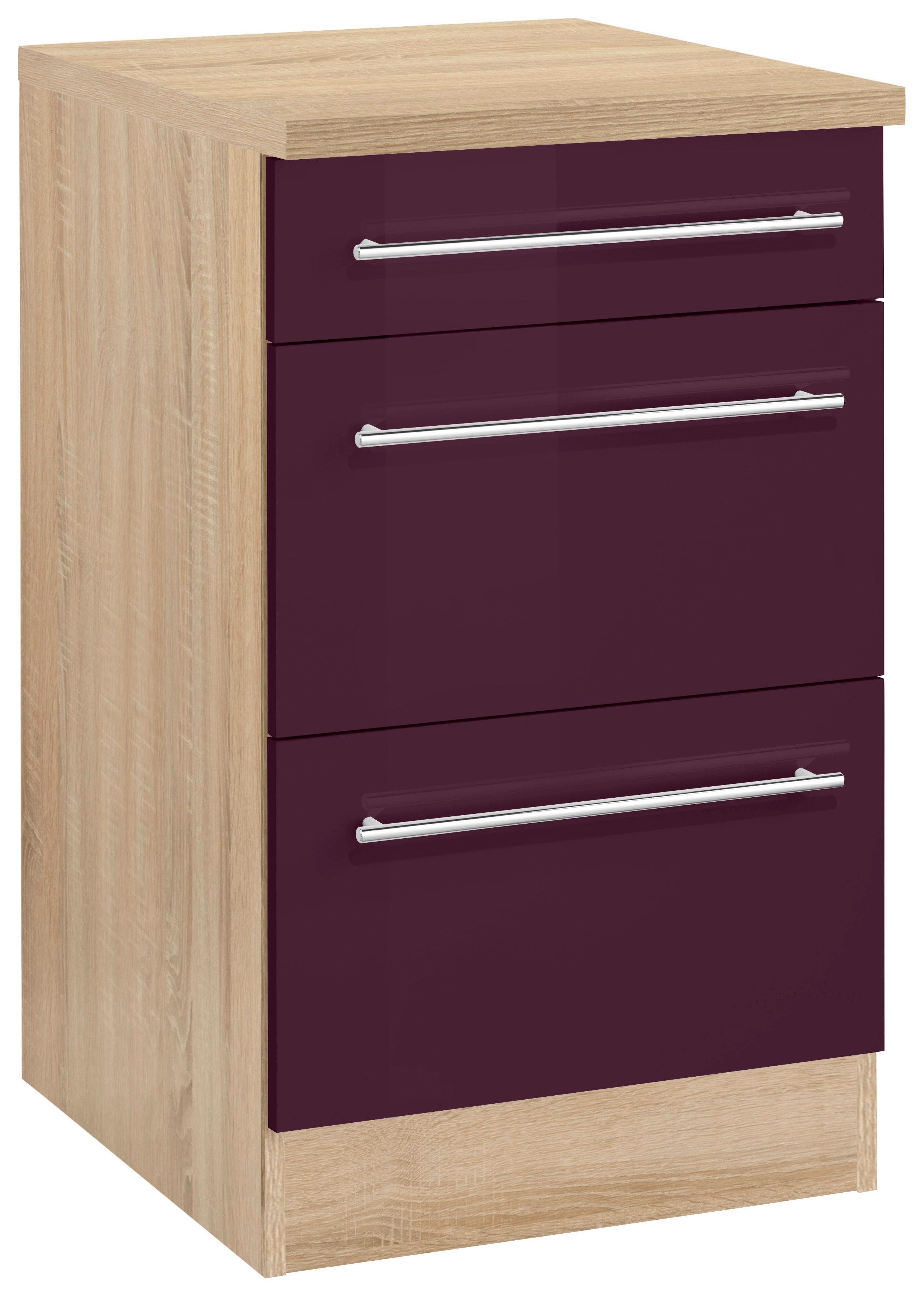 HELD MÖBEL Unterschrank Samos 50 cm breit, mit 2 großen Auszügen aubergine Hochglanz/Eiche sonoma | eichefarben sonoma