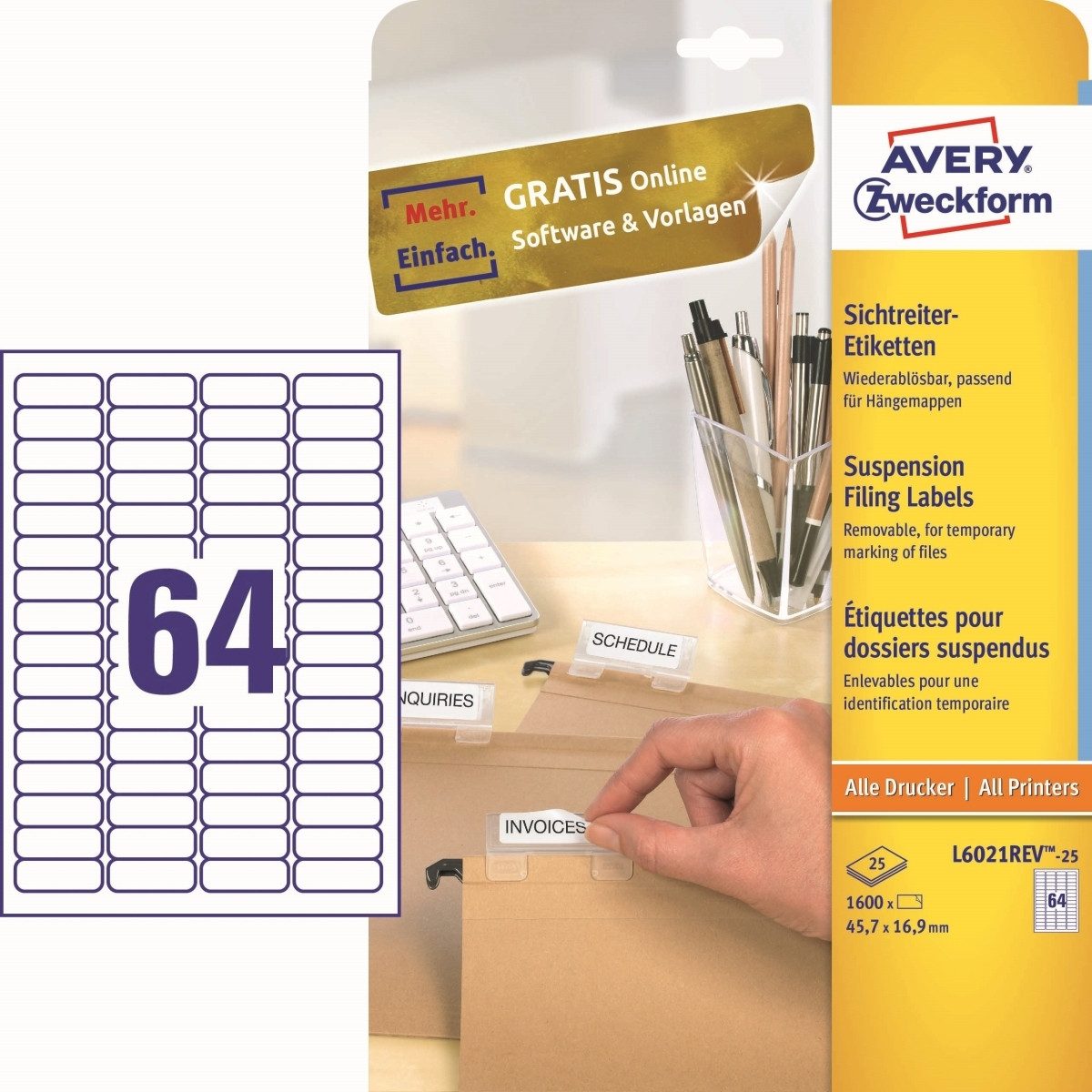 Avery Zweckform Etiketten Etiketten Inkjet/Laser/Kopier 45.7x19.9mm VE=1600 Stück weiß