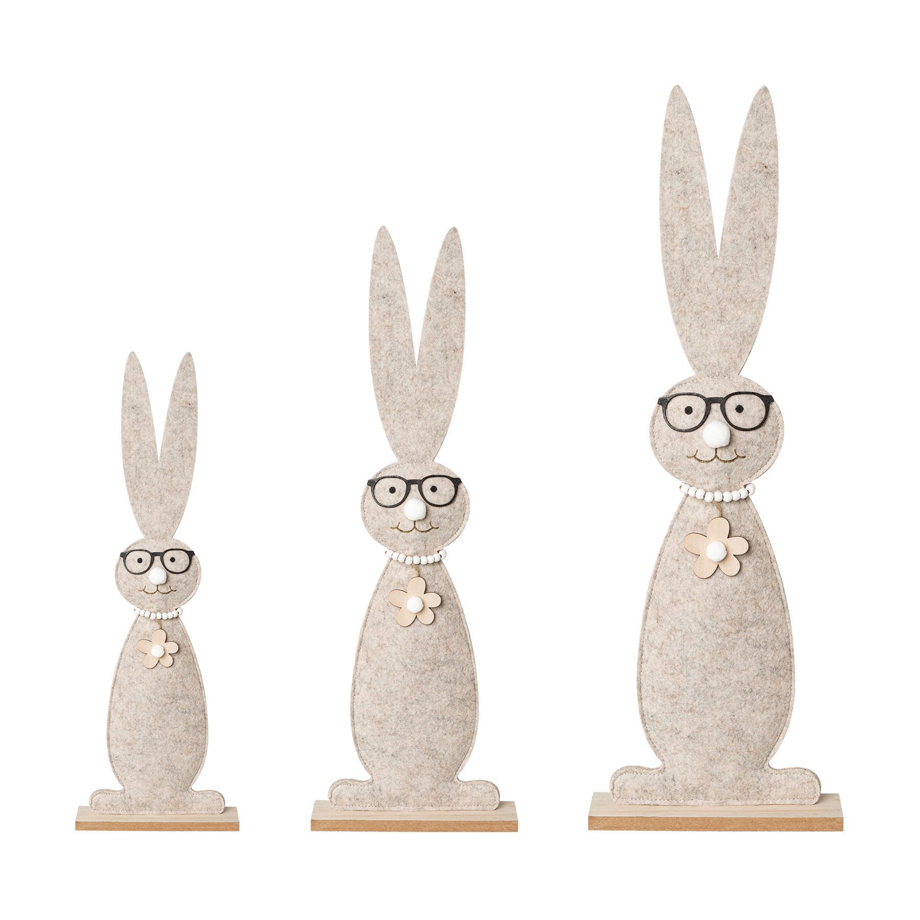 Dekorieren macht glücklich Dekoobjekt Filzhase BOBBY auf Holzbase, 3er-Set (3 St., 3er-Set), frühlingshafte Tisch- und Wohnraumdeko in verschiedenen Größen