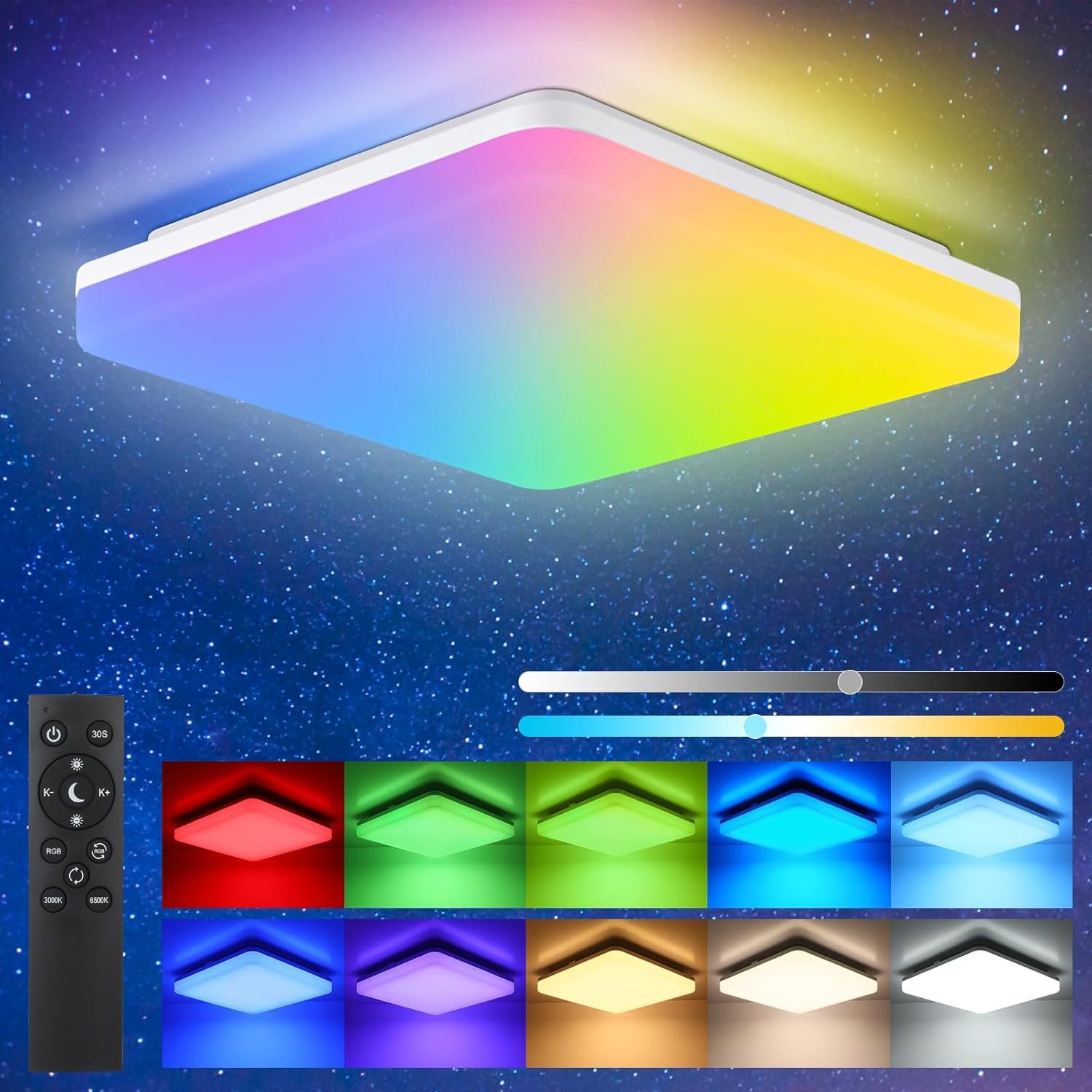Diyarts LED Deckenleuchte, RGB-Zyklusmodus, LED fest integriert, warmes, kaltes & neutrales Licht, 7 RGB Lichtfarben, integrierter LED, Memory-Funktion, Augenschutz & Beleuchtungsmodi