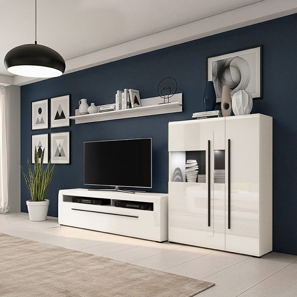 Lomadox Wohnwand TURDA-83, (3-St., Couchtisch Highboard Lowboard Sideboard Vitrine Wandregal), weiß Hochglanz Metallgriffe schwarz modern LED Beleuchtung