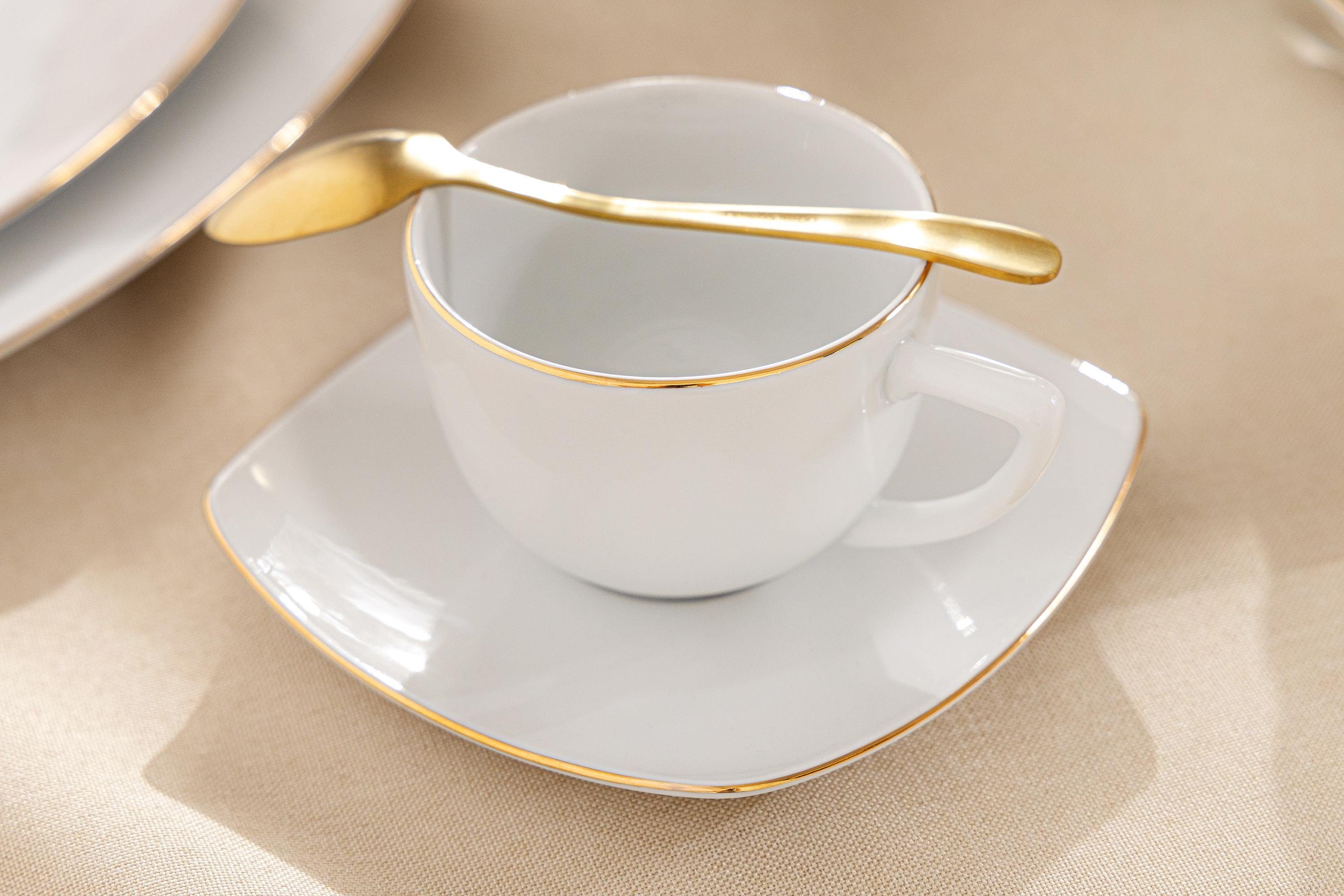Konsimo Kaffeeservice CARLINA Kaffeetasse Untertasse hochwertigem Personen, (18-tlg), Dessertteller Gold Porzellan, quadratisch, Handwäsche, Porzellan 6
