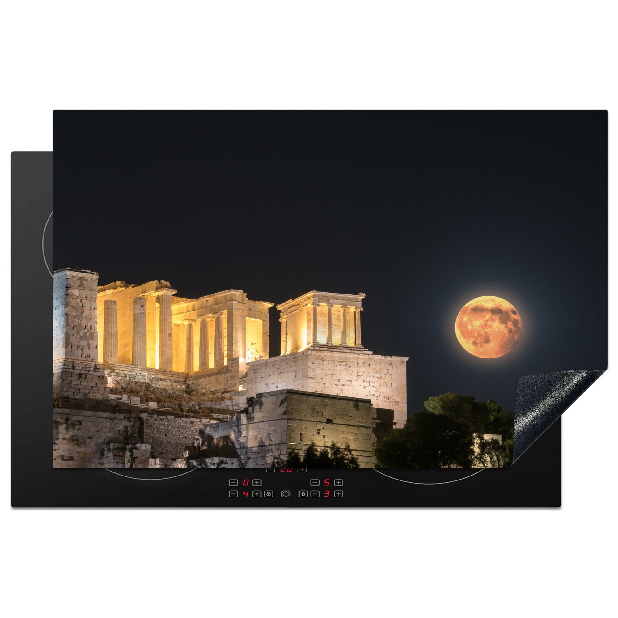 MuchoWow Herdblende-/Abdeckplatte Der Parthenon auf der Akropolis von Athen bei Nacht, Vinyl, (1 tlg), 81x52 cm, Induktionskochfeld Schutz für die küche, Ceranfeldabdeckung