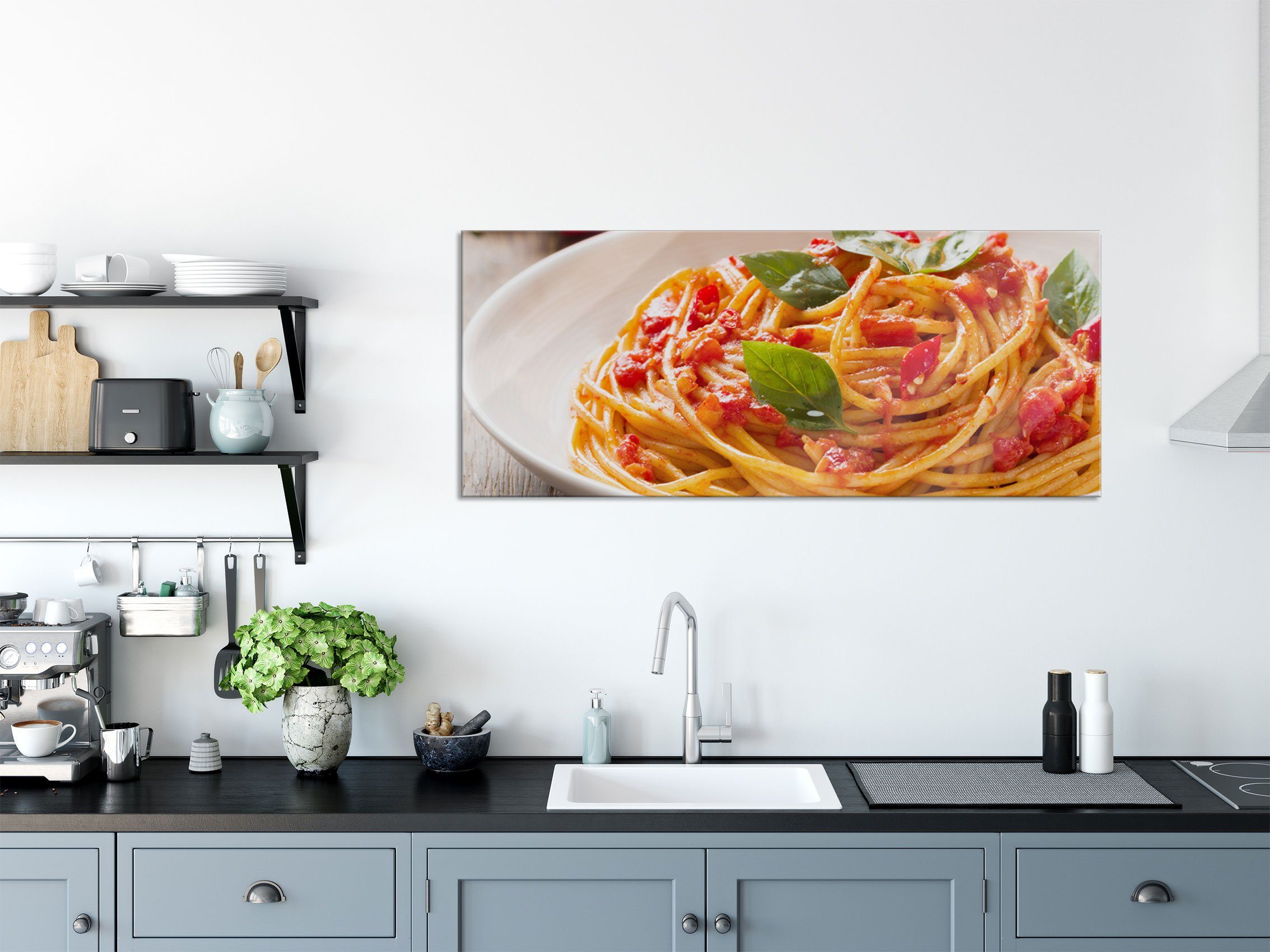 Aufhängungen St), Glasbild inkl. und Spaghetti, aus Spaghetti Rustikale Abstandshalter Glasbild Echtglas, Pixxprint (1 italienische italienische Rustikale