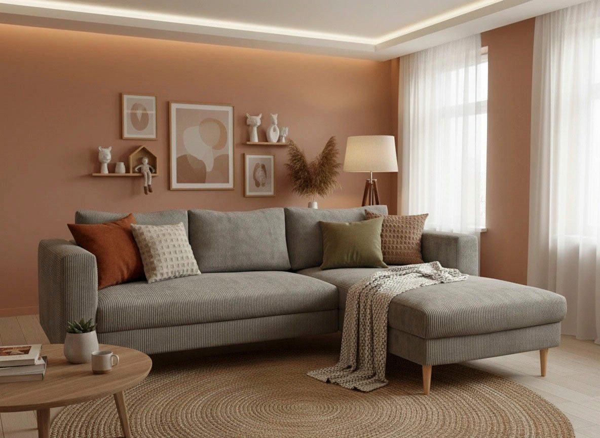 TRENDMANUFAKTUR Ecksofa Amazing, wahlw. mit Schlaffunktion & Bettkasten, Fuß Buche lackiert, Recamiere beidseitig montierbar, L-Form,in Cord o. Struktur, B: 232 cm