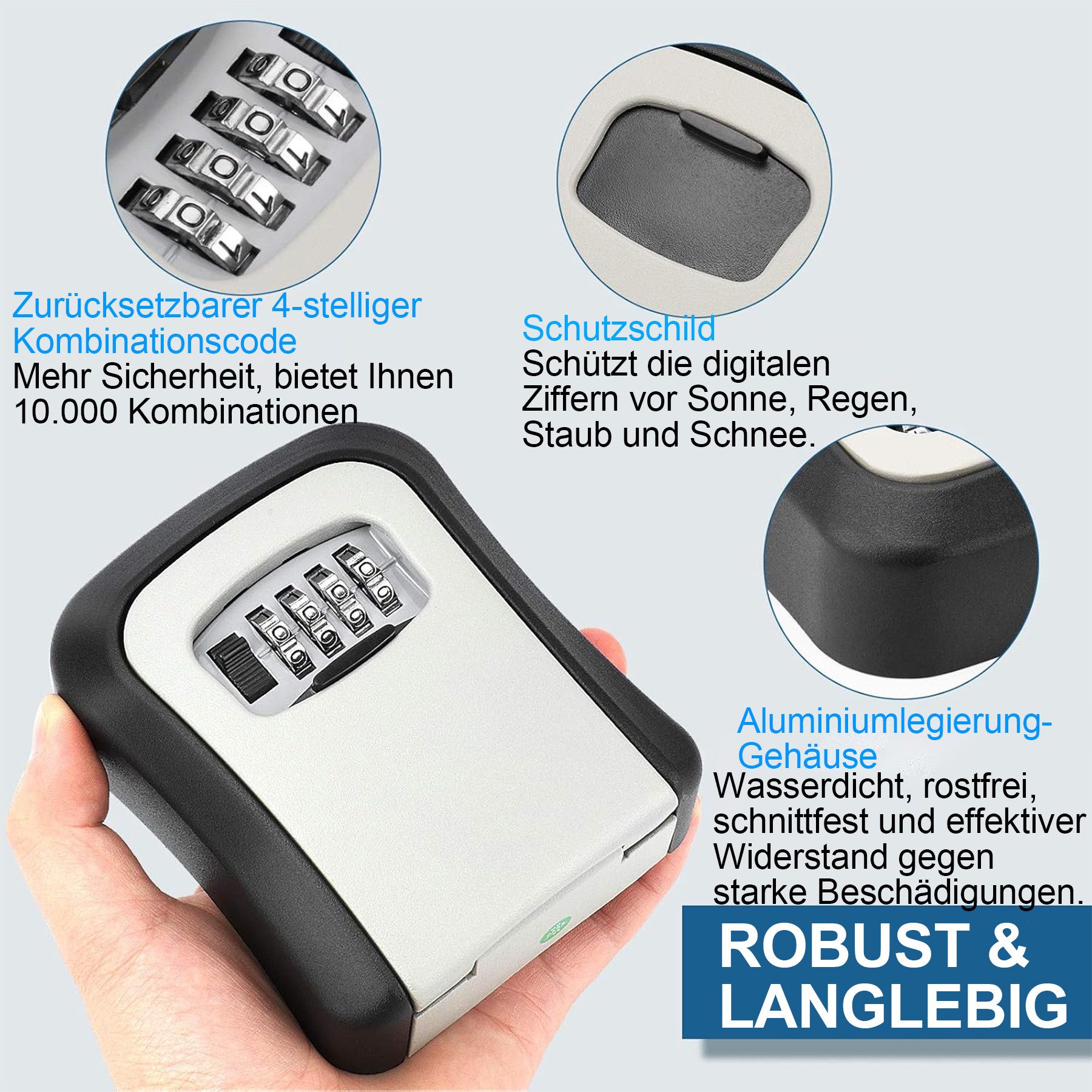 Mutig Schlüsseltresor Schlüsseltresor Wandmontage Wetterfest - Schlüsselsafe 4 Stellig (Schlüsselversteck für Schlüssel Türkarte, Zinklegierung, Schlüsselbox mit Code, Schlüsselkasten mit Zahlencode Robust, Sicher), für Ersatz Hau Schlüssel, Garagen, Schule, Büro