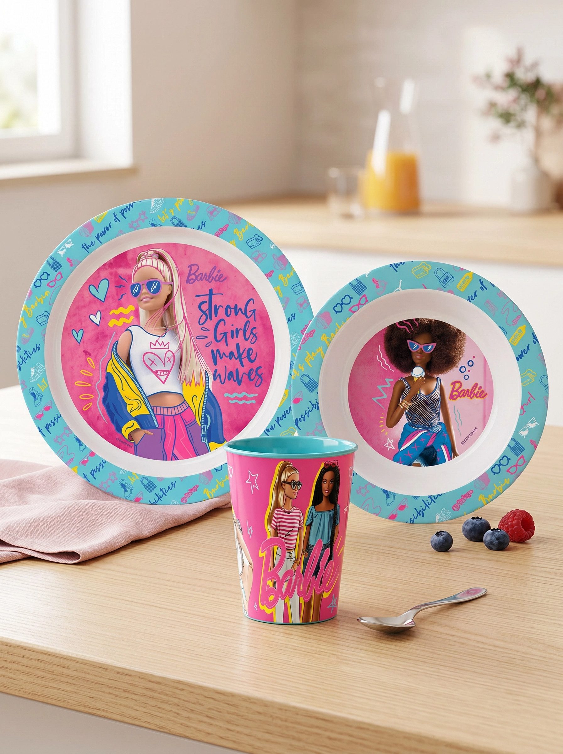 Barbie Kindergeschirr-Set Barbie Kinder 3 teiliges Frühstücks Set Teller und Schüssel Becher (3-tlg), 1 Personen, BPA-Frei