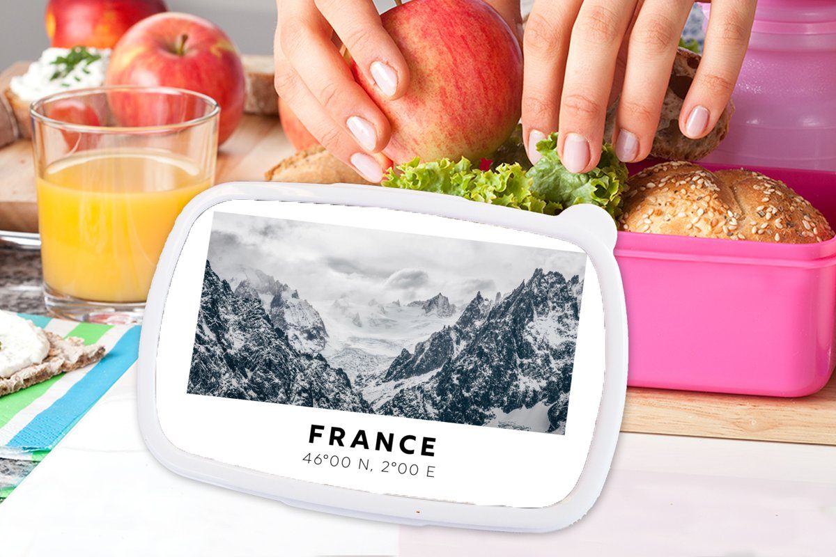 MuchoWow Lunchbox Frankreich - Schnee (2-tlg), - Brotdose Snackbox, Kunststoff, Erwachsene, Brotbox Kinder, rosa Kunststoff für Mädchen, Berge