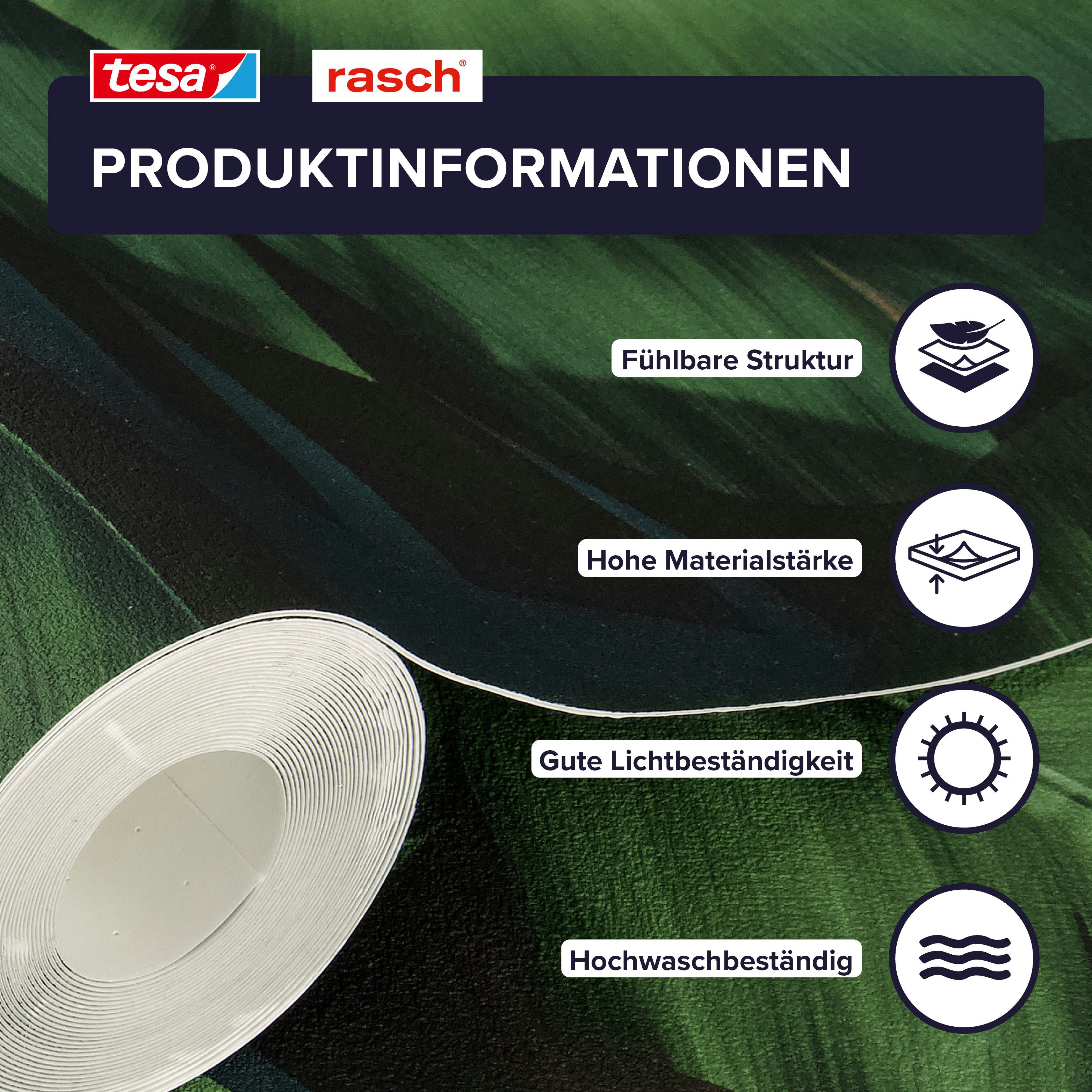 Rasch Vliestapete Rio - Selbstklebende Tapete Dschungel von tesa® x rasch®, strukturiert, botanisch, tropisch, Blätter, (1 St), selbstklebend, 6,00m x 0,53m