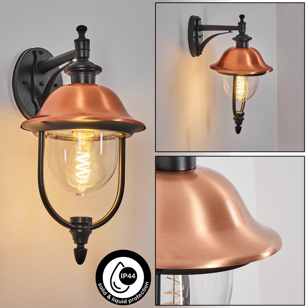 hofstein Außen-Wandleuchte Außenwandlampe aus Metall/Kunststoff in Schwarz/Kupfer/Klar, ohne Leuchtmittel, Wandleuchte außen im Vintage/Antik/Landhaus-Design, E27, IP44