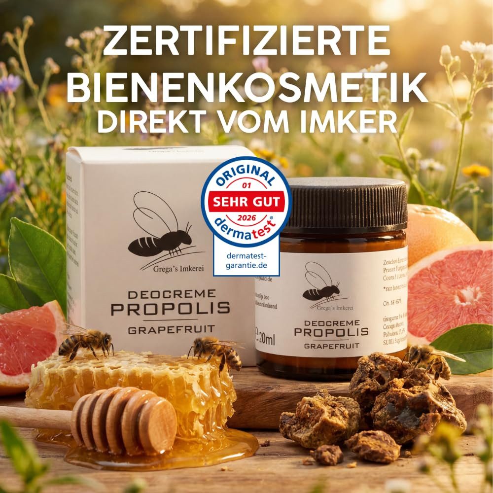 Grega´s Imkerei Deo-Creme Propolis Deocreme Grapefruit 30ml, Derma Test "Sehr gut" 2026, Im Glastigel Handgefertigt in Deutschland, 1-tlg., Zertifiziertes Naturprodukt ohne Aluminium