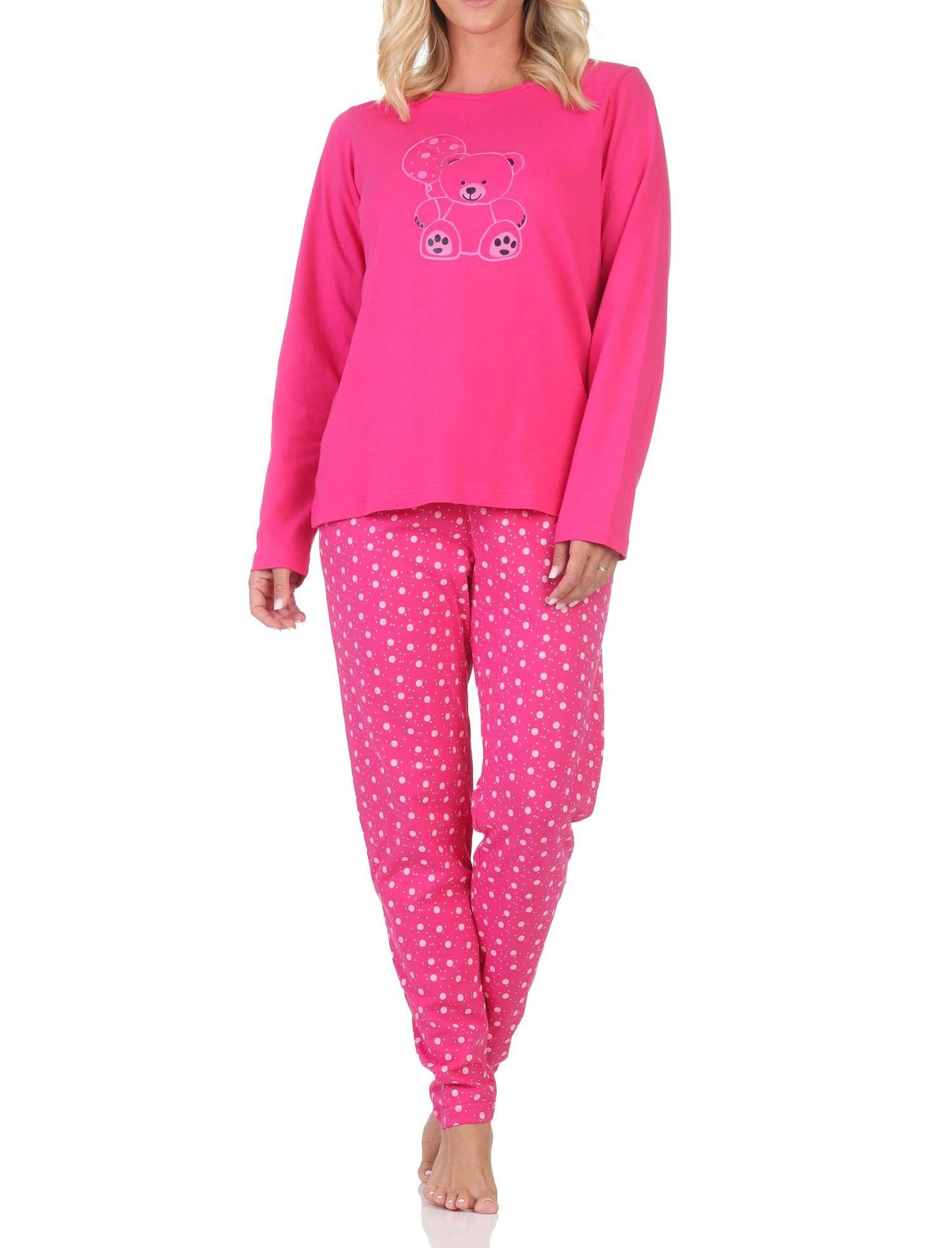 Normann Pyjama Normann Damen Pyjama Schlafanzug langarm mit süßem Teddy-Motiv
