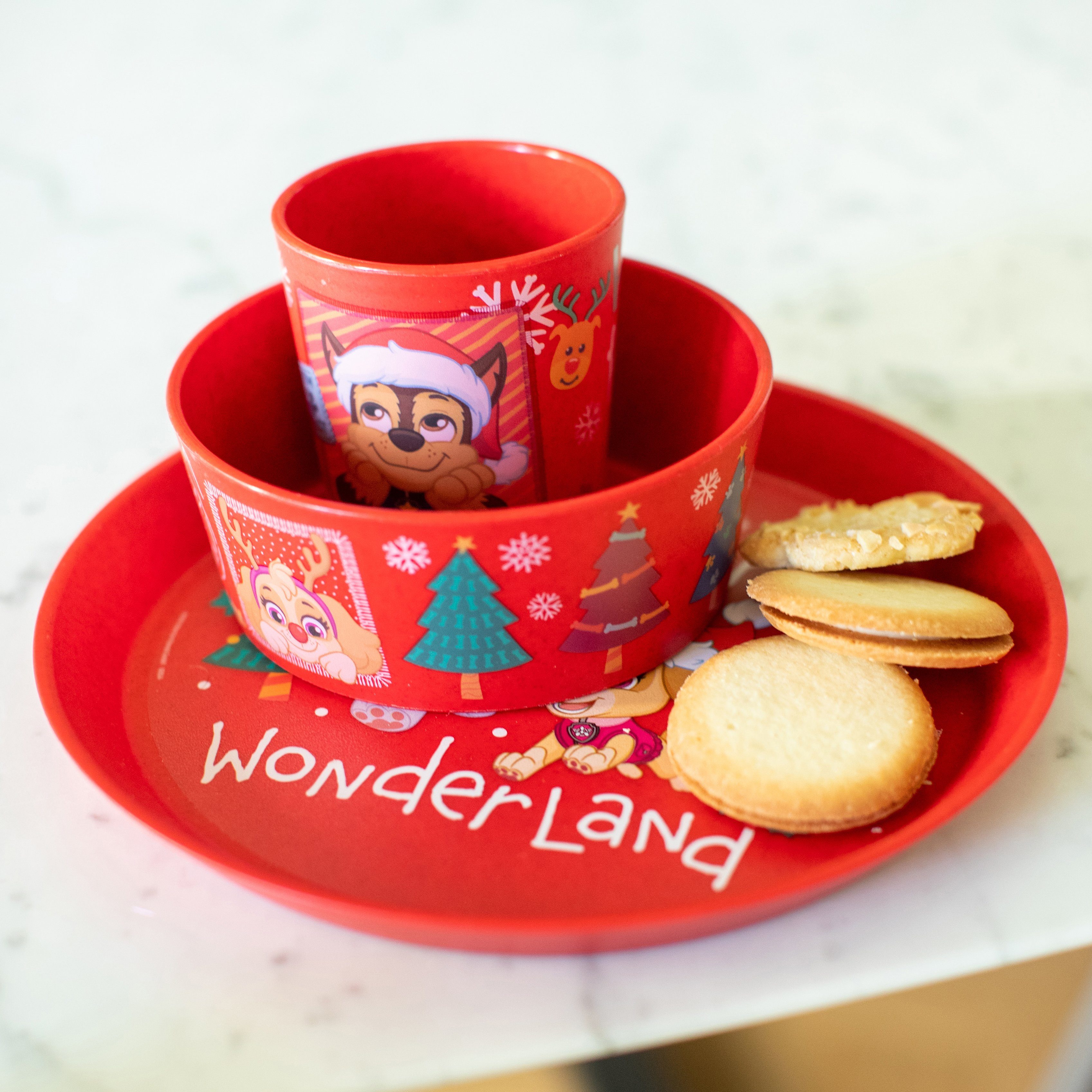 KOZIOL Kindergeschirr-Set Kleiner Teller + Schale + Becher CONNECT PAW PATROL WINTER WONDERLAND (3-tlg), 1 Personen, Kunststoff, Polypropylen, made in Germany, melaminfrei, 3 Teile, für 1 Person