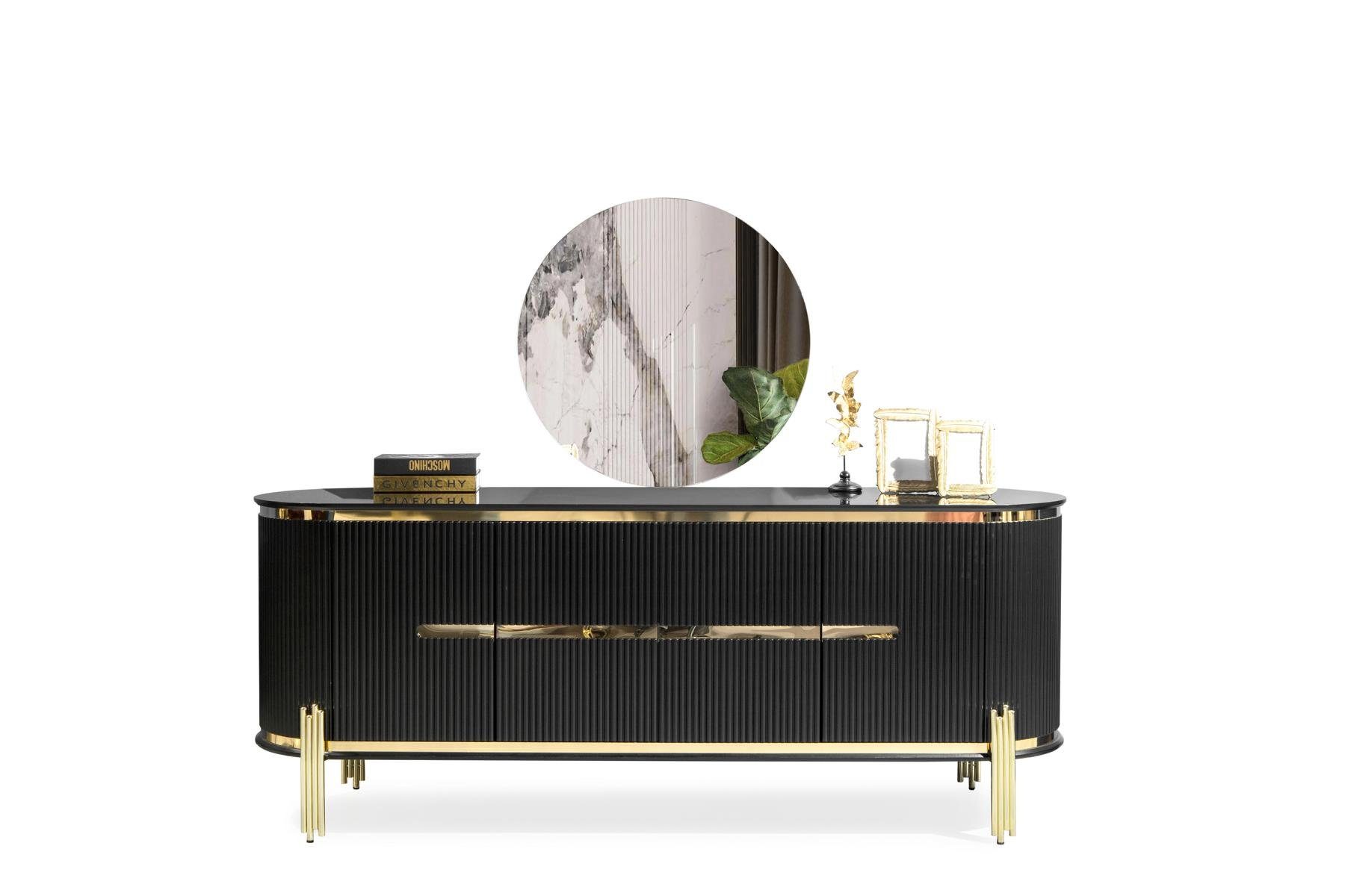 4x 1x Stühle + Essgarnitur 1x Esstisch + 6tlg, Esszimmer-Set Essecke (6-St., Gold Europa Möbel Sideboard), in JVmoebel Sideboard Esszimmer Stühle Schwarz Made