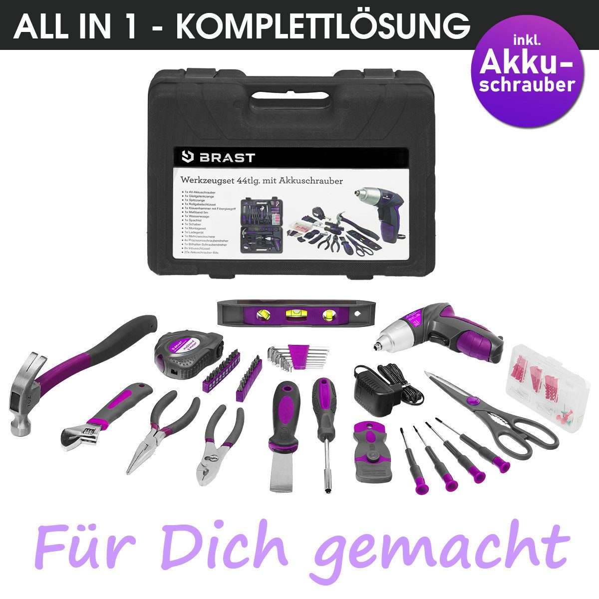 BRAST Akku-Bohrschrauber Werkzeugkoffer Gefüllt 44-teiliges Komplettes Werkzeugset, 4V Li-Ion, (Akkuschrauber Set Lady für Frauen & Mädchen in Rosa, inkl. Hammer Schere Schaber Spachtel Maßband Zangen uvm), Leicht & handliches Komplettset, Alles was Frau braucht