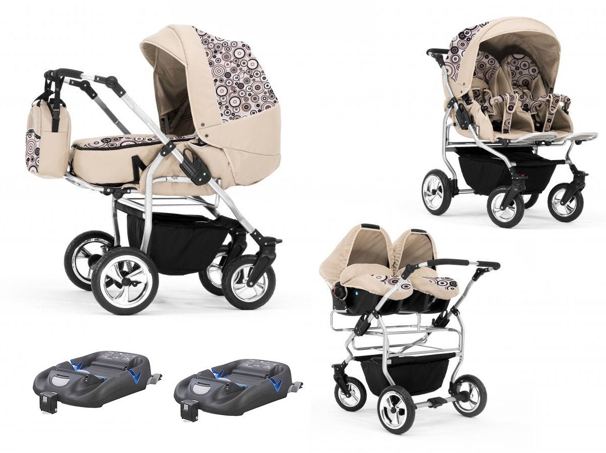 Elcar Zwillings-Kombikinderwagen Zwillingskinderwagen 4 in 1 Duo inkl. Autositze und Iso Bases - 14 Teile - von Geburt bis 4 Jahre in 20 Farben Beige-Dekor