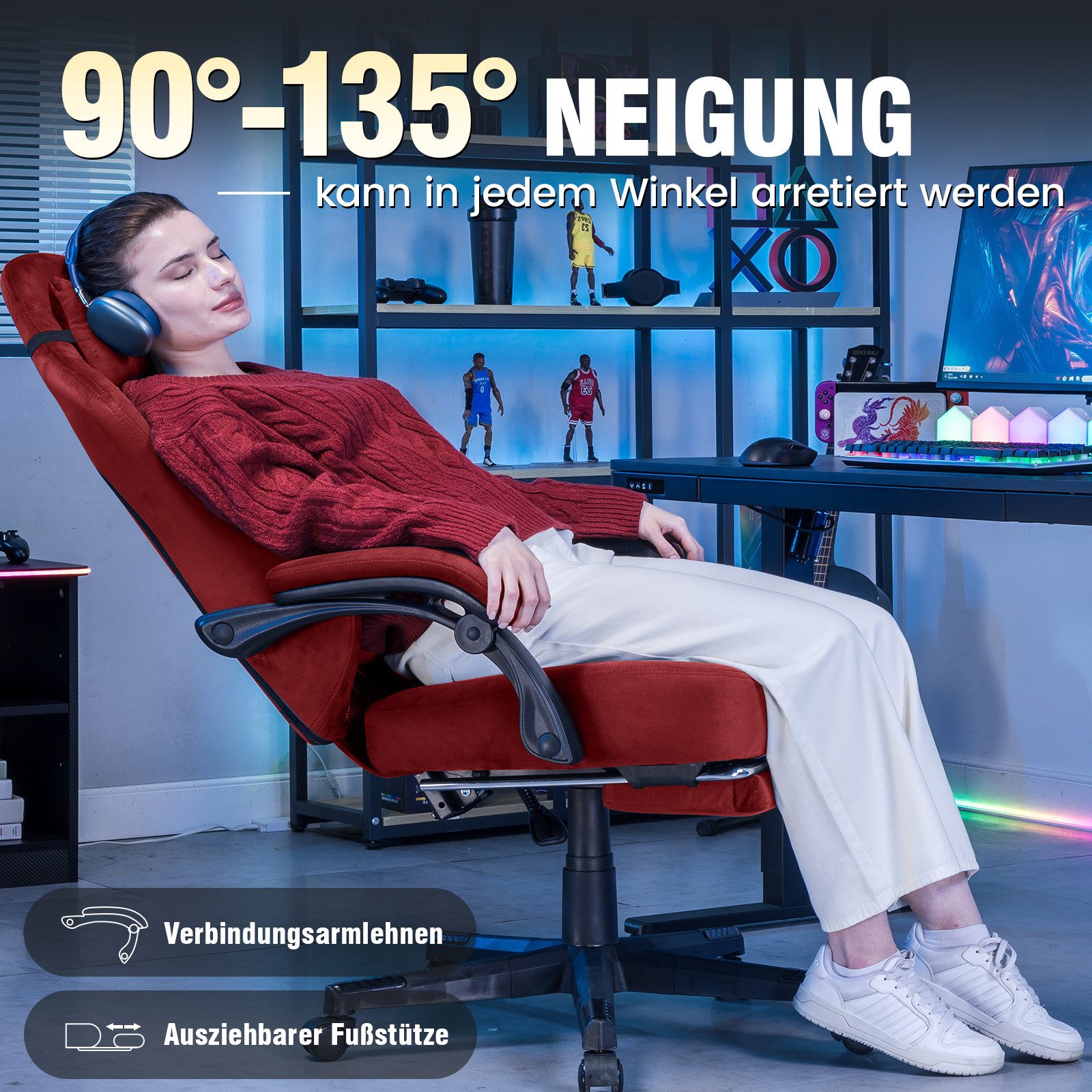 GTPLAYER Gaming-Stuhl Stoff Gaming Chair Ergonomisch Bürostuh PC Stuhl, 150kg Belastbarkeit, Schreibtischstuh mit Federsitzkissen und Fußstütze – Bild 4 von 5
