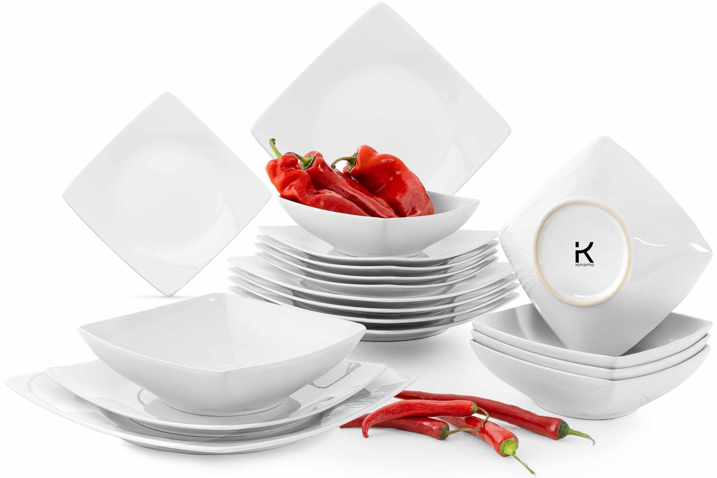 KONSIMO® Tafelservice EPIRI Geschirrset, Modern, hergestellt in der EU (18-tlg), Keramik, quadratisch, Spulmachinen- und Mikrowellengeeignet