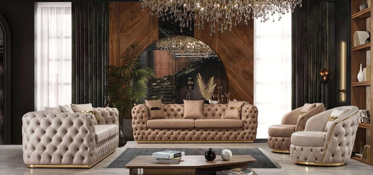 Polstergarnitur Sofa-Set Chesterfield in Beige aus Leder mit 3-Sitzer, 1-Sitzer