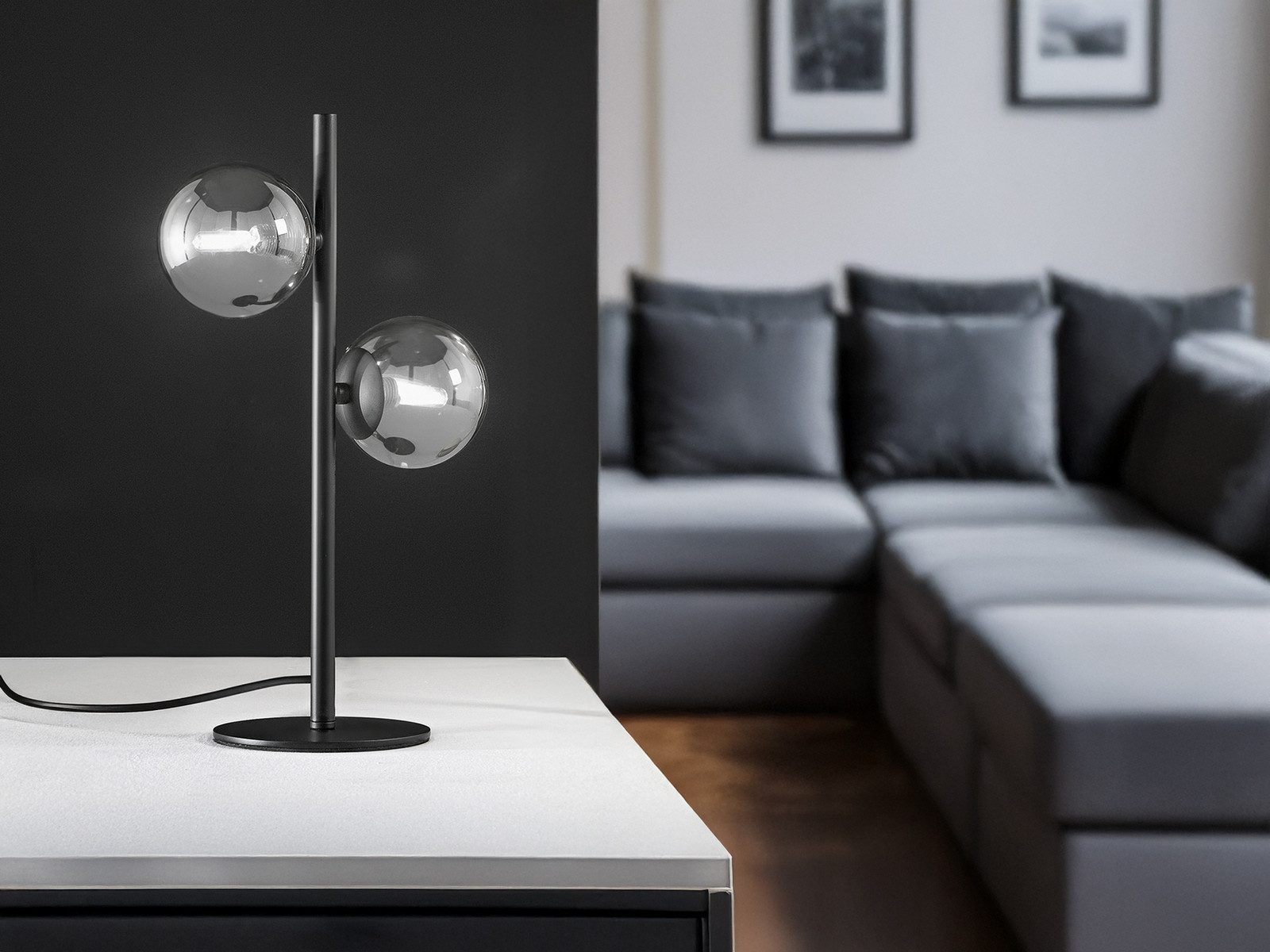 Luce Ambiente Design LED Nachttischlampe mit Rauchglas-Kugeln, Höhe 40cm, Dimmfunktion, LED wechselbar, Warmweiß, ausgefallen-e Tischlampe groß mit G9 Leuchtmitteln in 3 Stufen dimmbar