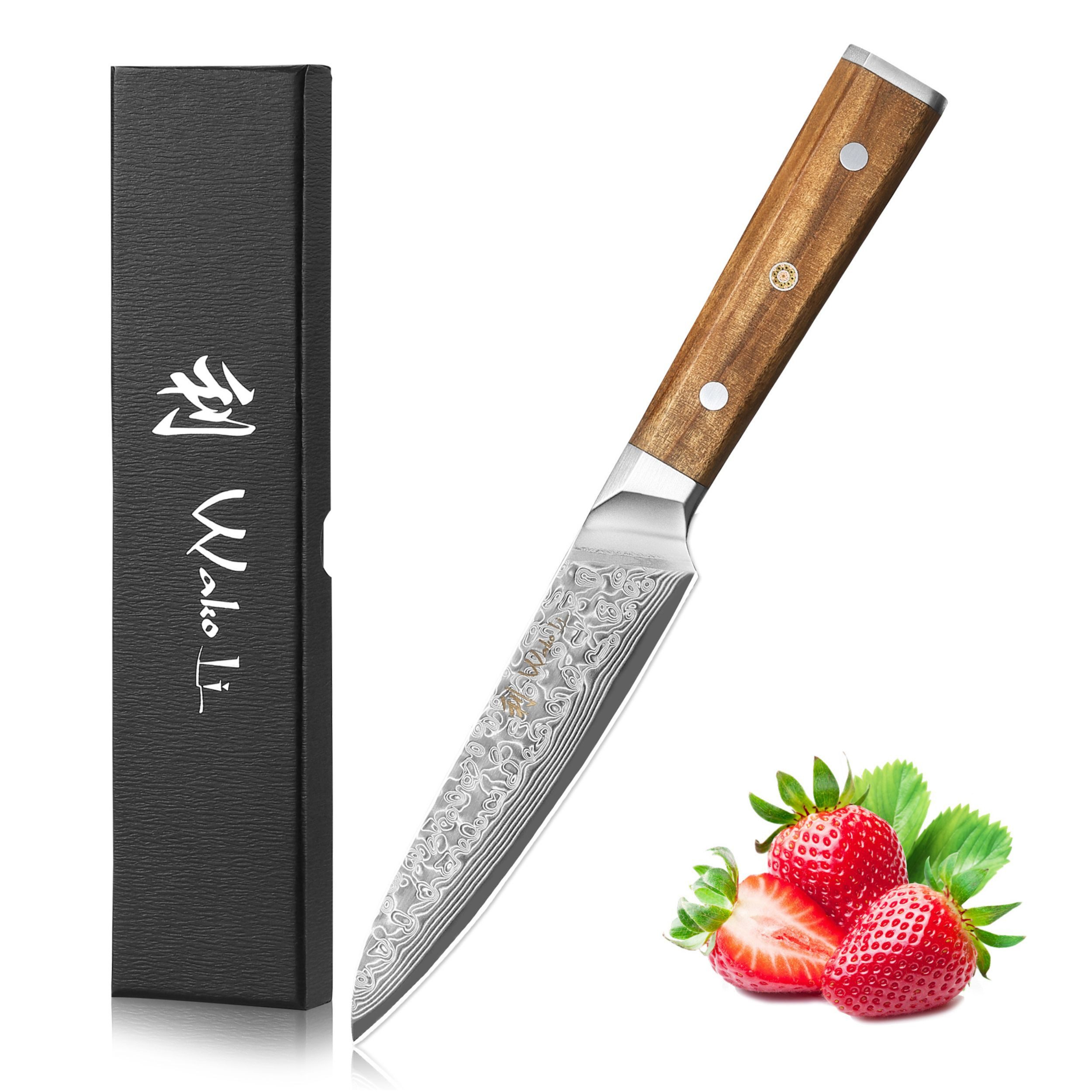 Wakoli Allzweckmesser Oribu Damast Allzweck Küchenmesser 12 cm Klinge Full Tang Olivenholz