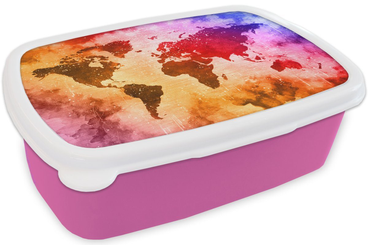 MuchoWow Lunchbox Weltkarte - Brotbox Mädchen, Kinder, (2-tlg), Kunststoff Farbe Erwachsene, Farben, Brotdose Kunststoff, für rosa - Snackbox