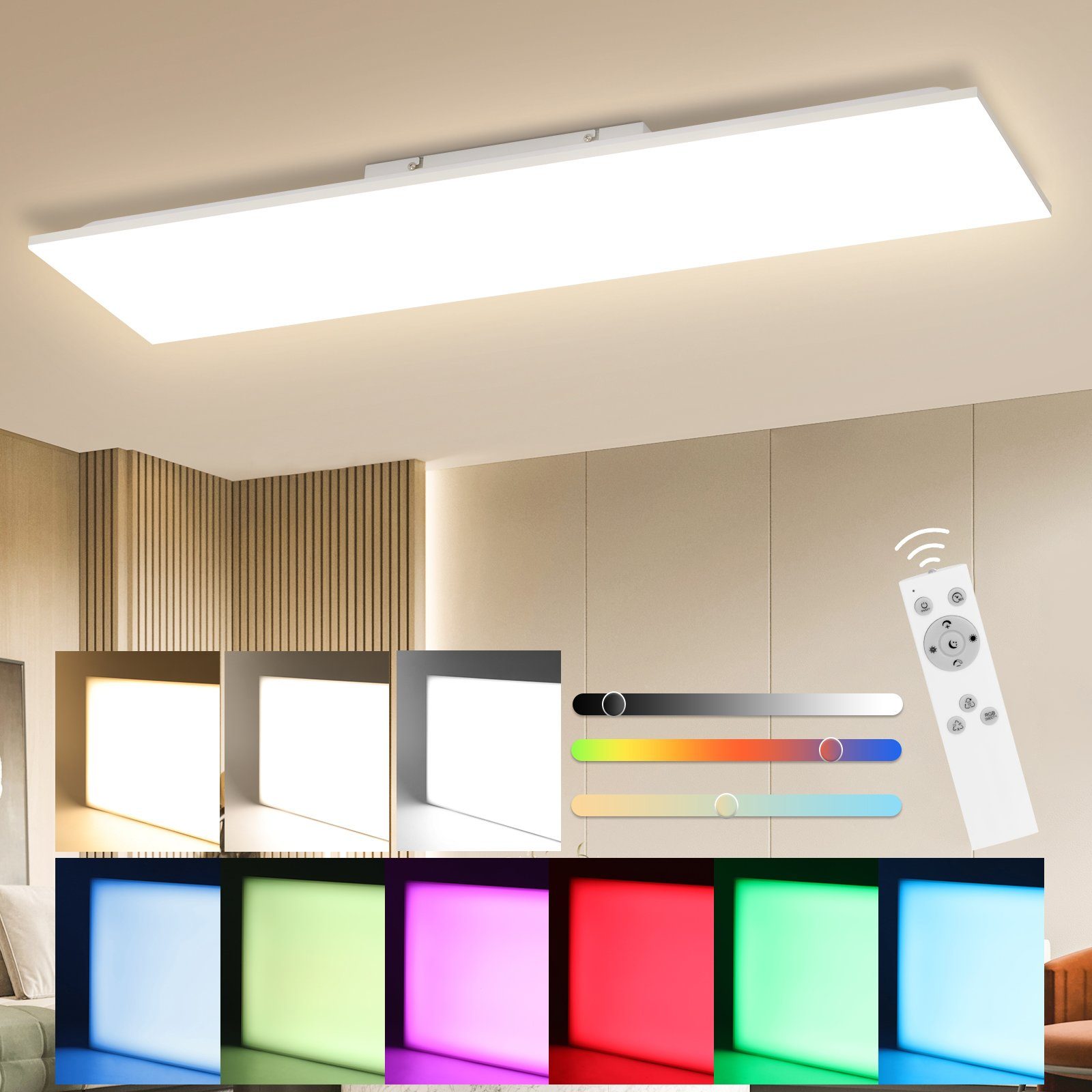 Nettlife Deckenleuchten LED Deckenlampe Dimmbar Schlafzimmer Eckig Fernbedienung Weiß, Dimmbar, Augenschutz, RGB, Speicherfunktion und Nachtlichtmodus, Flimmerfrei, Energiesparen, LED fest integriert, Tageslichtweiß, RGB Farbwechsel
