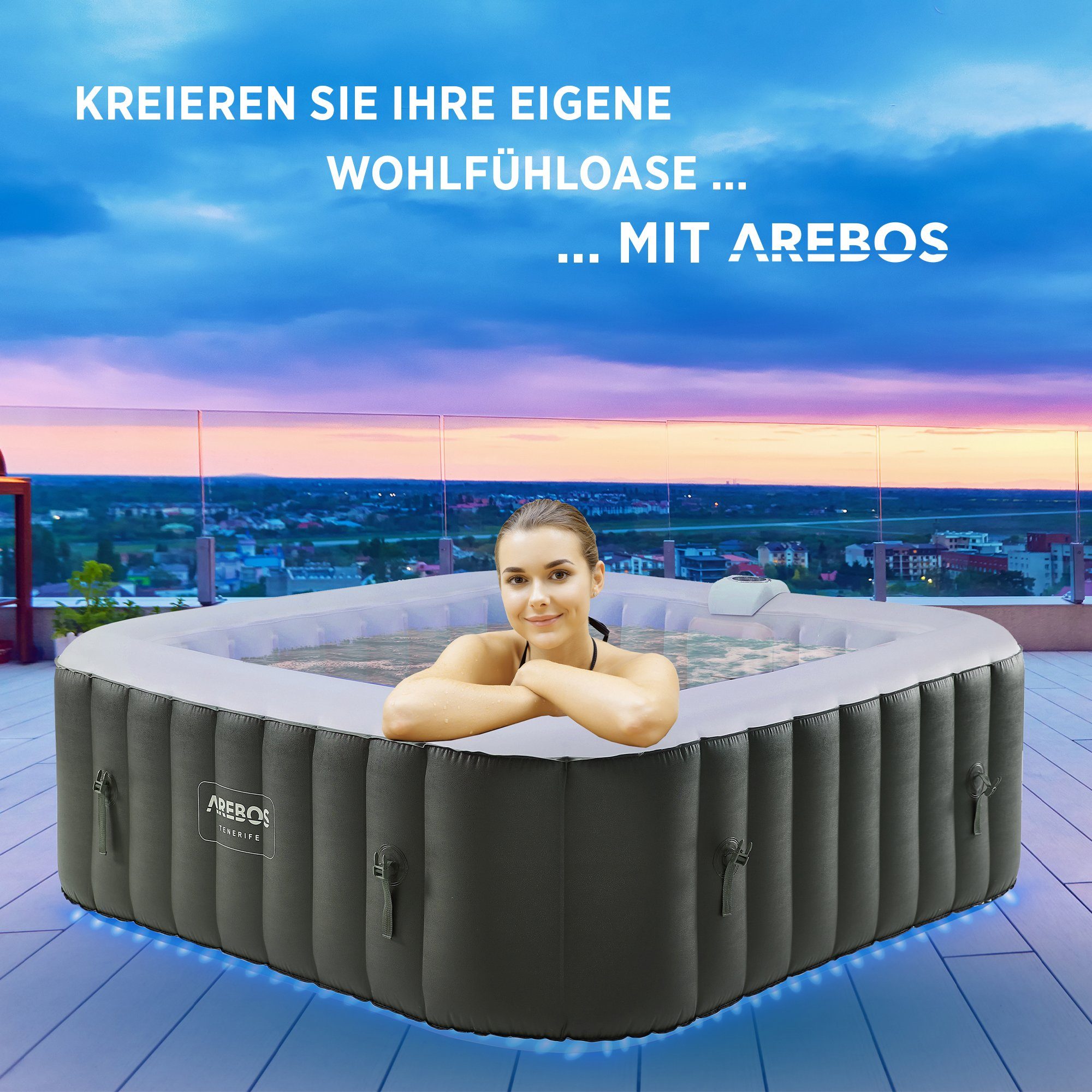 Arebos Whirlpool CORFU & TENERIFE Aufblasbar für 4 oder 6 Personen mit 100/130 Düsen, (Komplett-Set, LED-Beleuchtung), Für Outdoor & Indoor