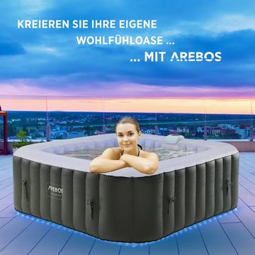 Arebos Whirlpool automatisch aufblasbar, In- & Outdoor, 6 Personen, 185x185cm, (Set, Aufblasbar, Komplett mit Zubehör und LED Beleuchtung)